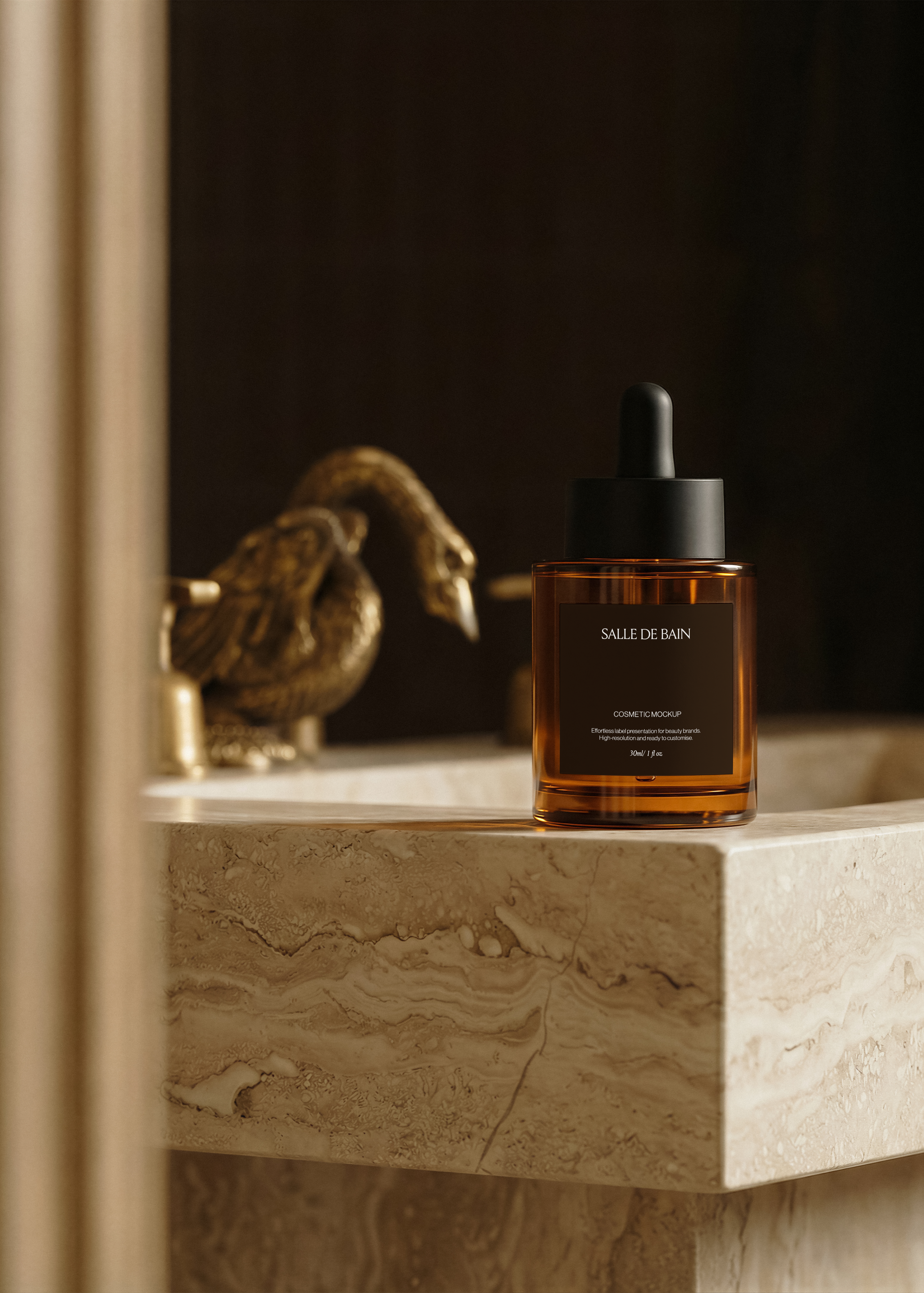Square amber dropper bottle mockup with dark label on travertine ledge, blurred brass swan tap in warm golden light