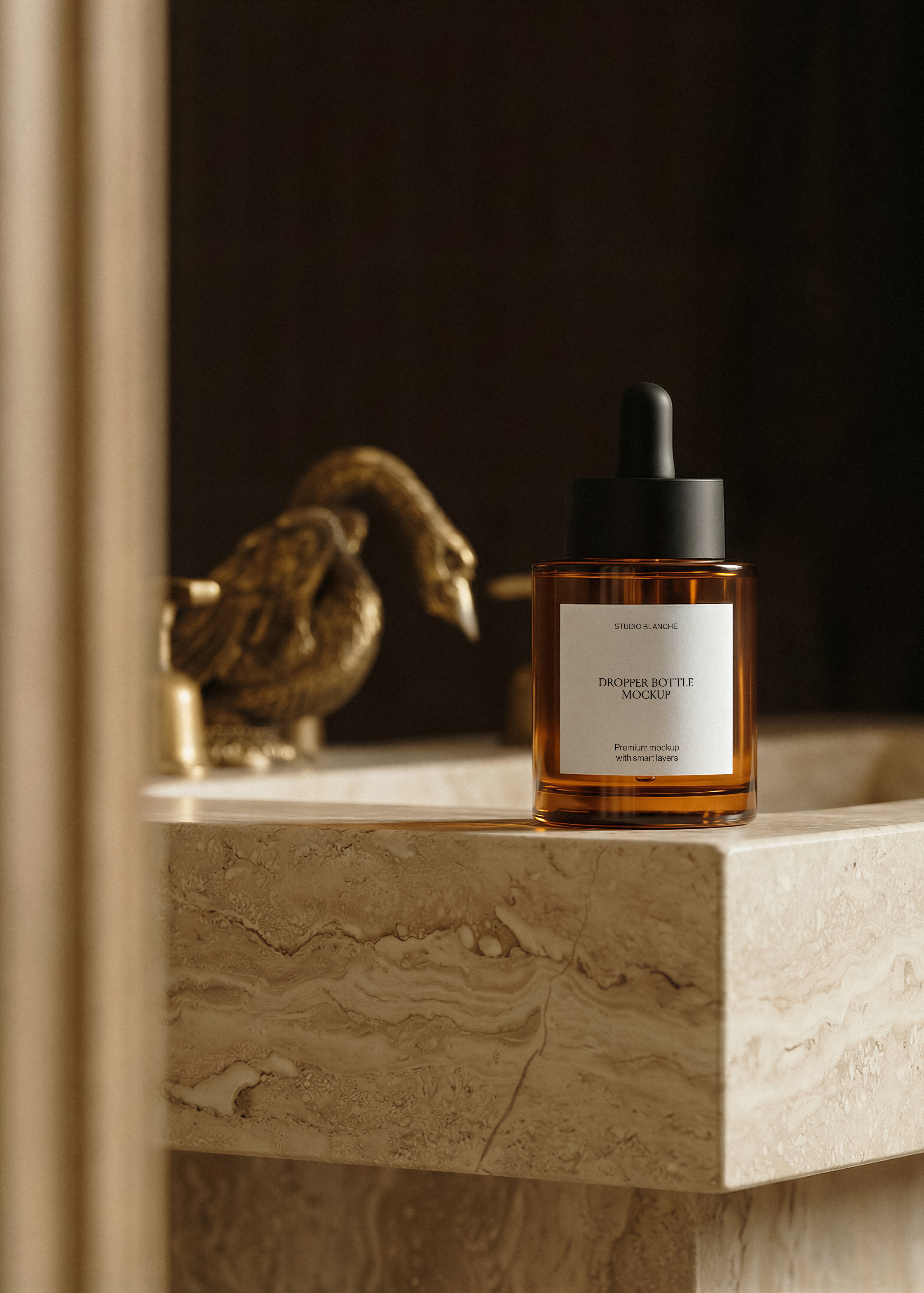 Serum dropper bottle mockup on stone bath edge with gilded swan fixture behind, deep warm shadow, moody editorial scene