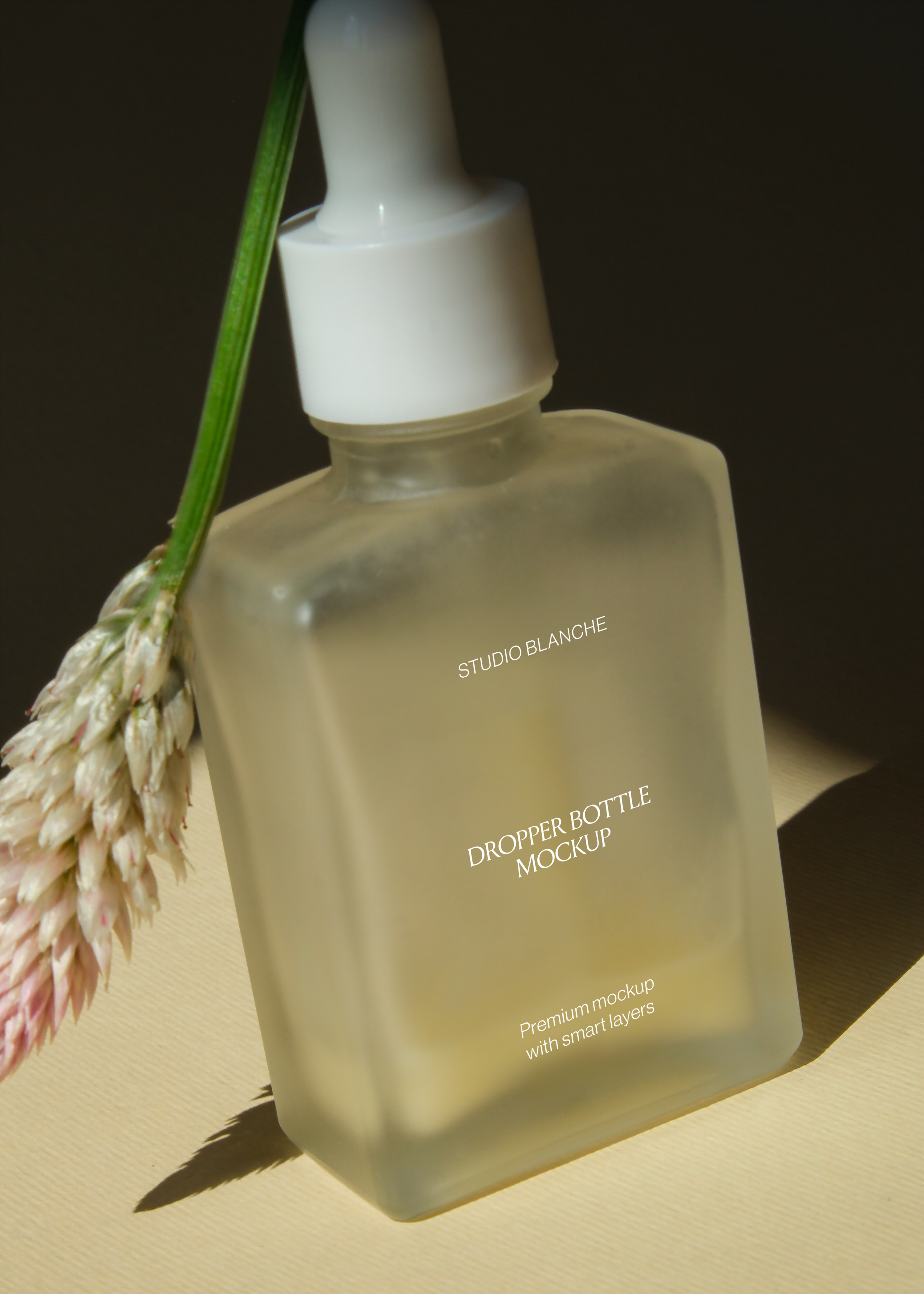 Close view of frosted rectangular dropper bottle with white pipette cap, dried grass alongside, warm light