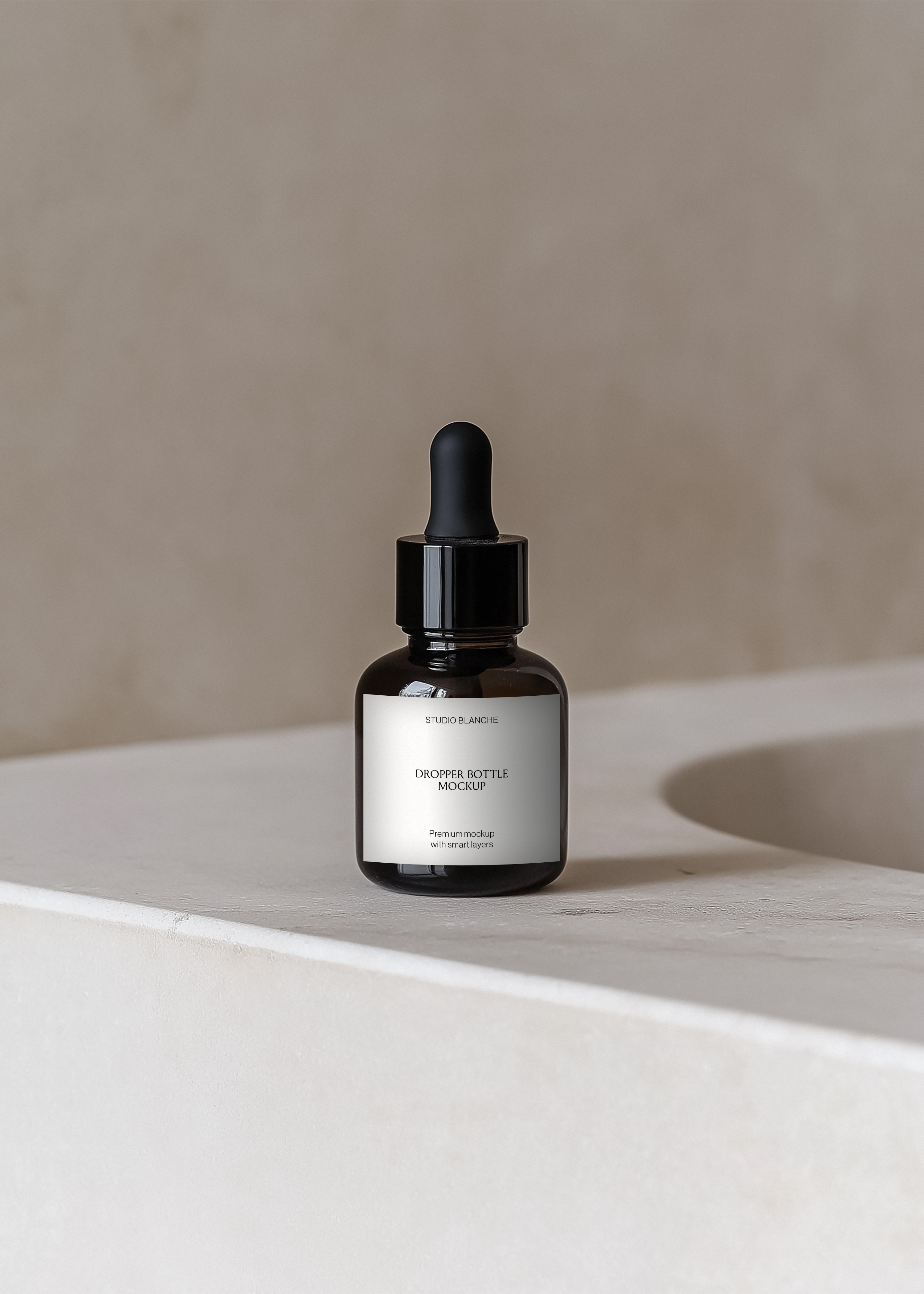 Serum dropper bottle mockup standing on sandstone sink edge, warm directional light and curved basin, minimal spa scene