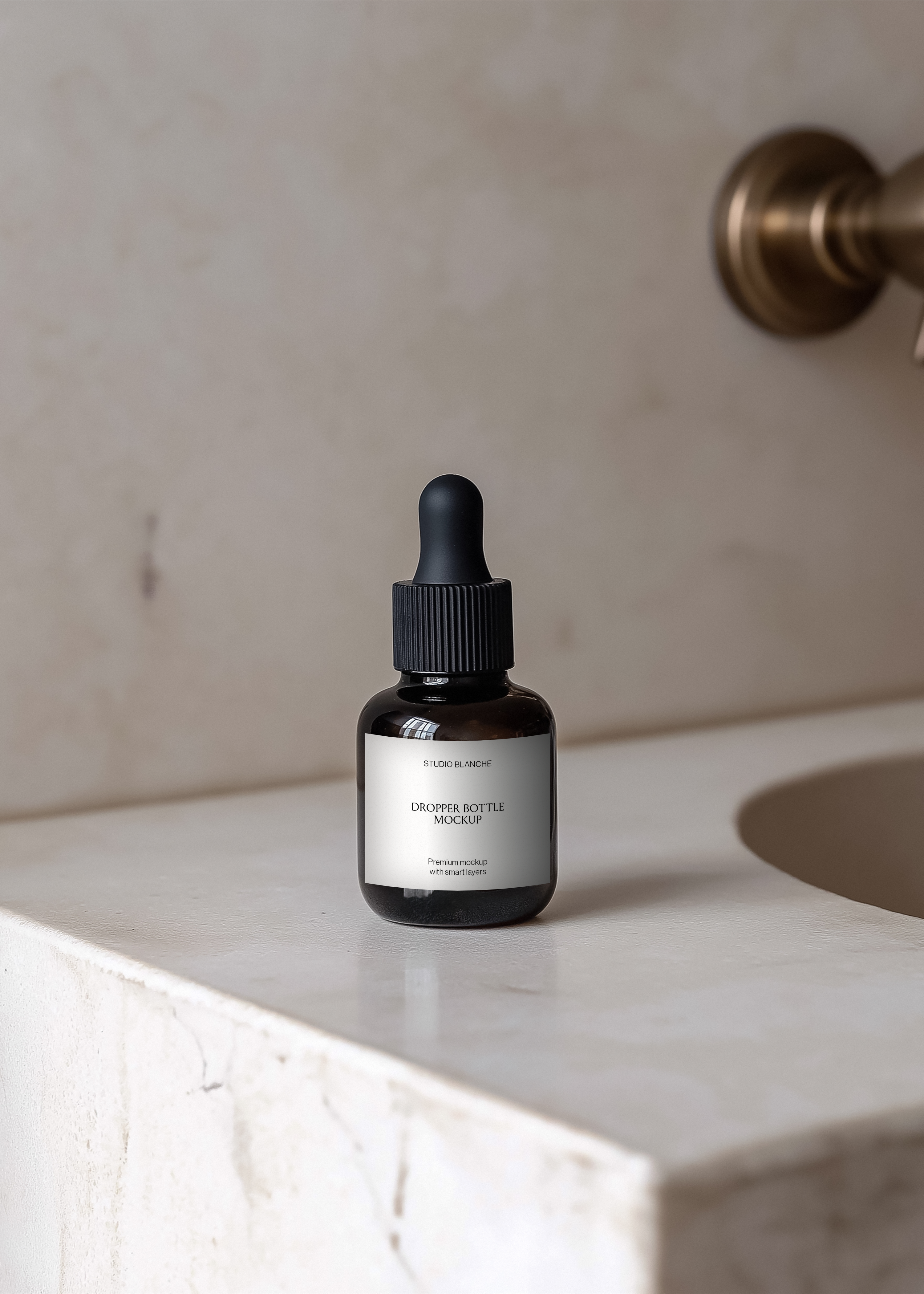Serum dropper bottle mockup standing on stone counter with basin shadow and brass fixture, soft warm light, minimal styling
