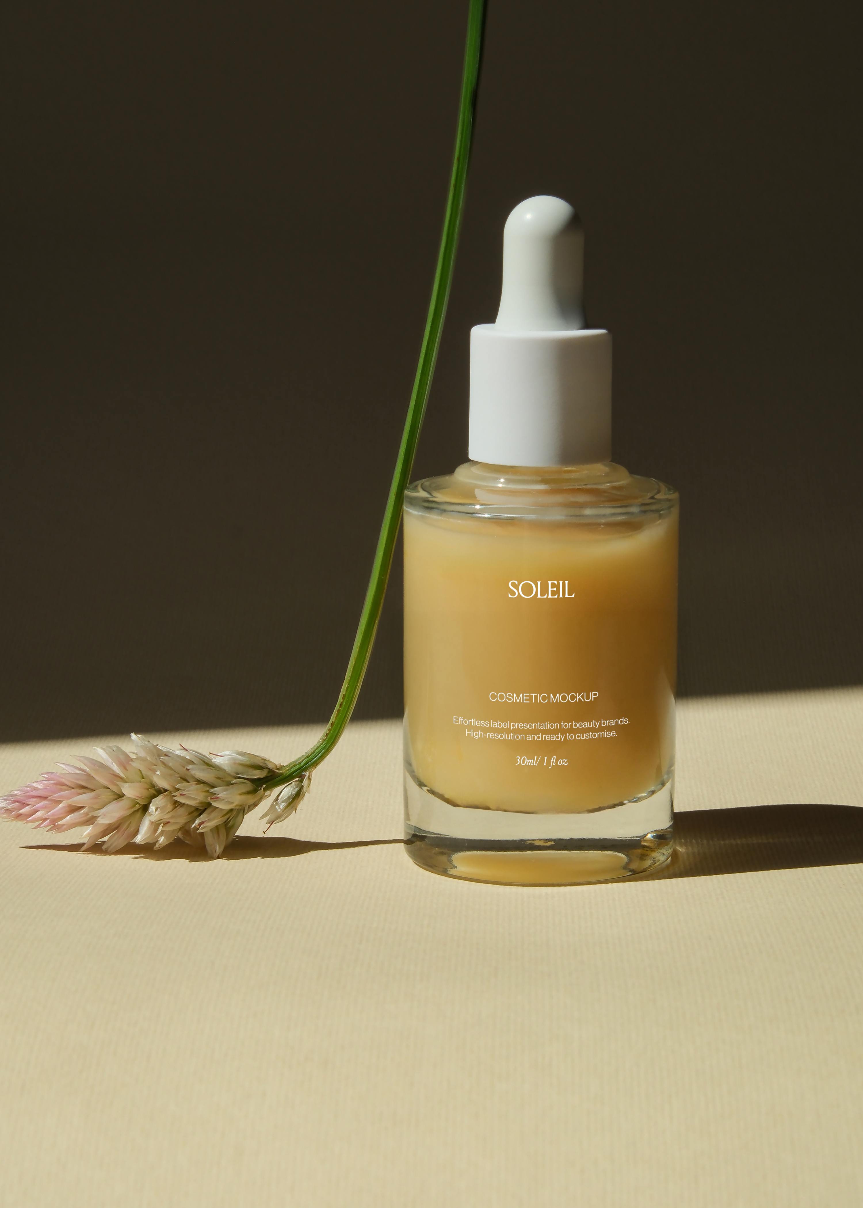 Glass dropper bottle mockup beside dried grass stem on sand-toned surface, dark backdrop, warm sunlit tones