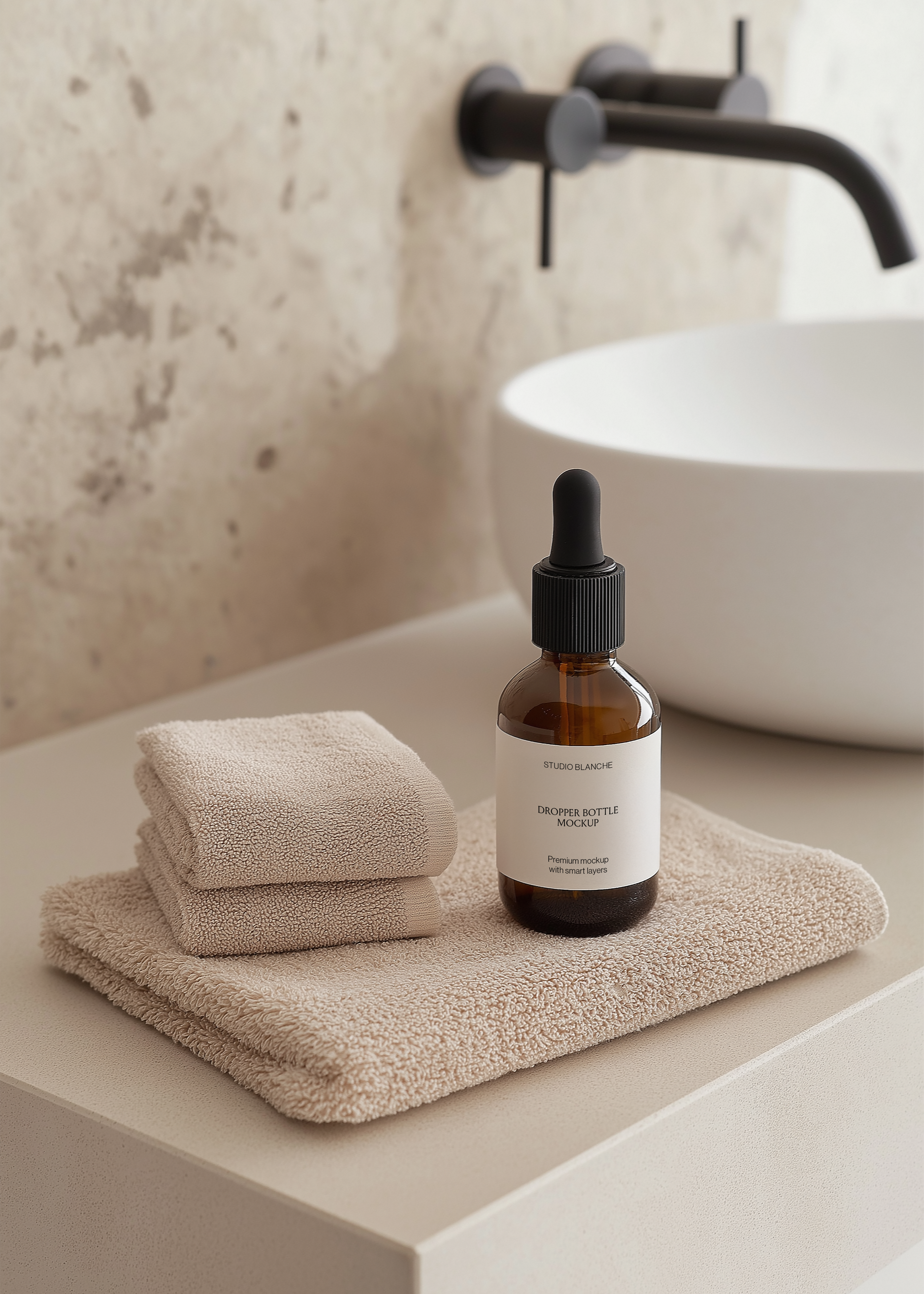 Serum dropper bottle mockup on stacked towels with round basin and matte black tap behind, warm travertine wall, styled scene