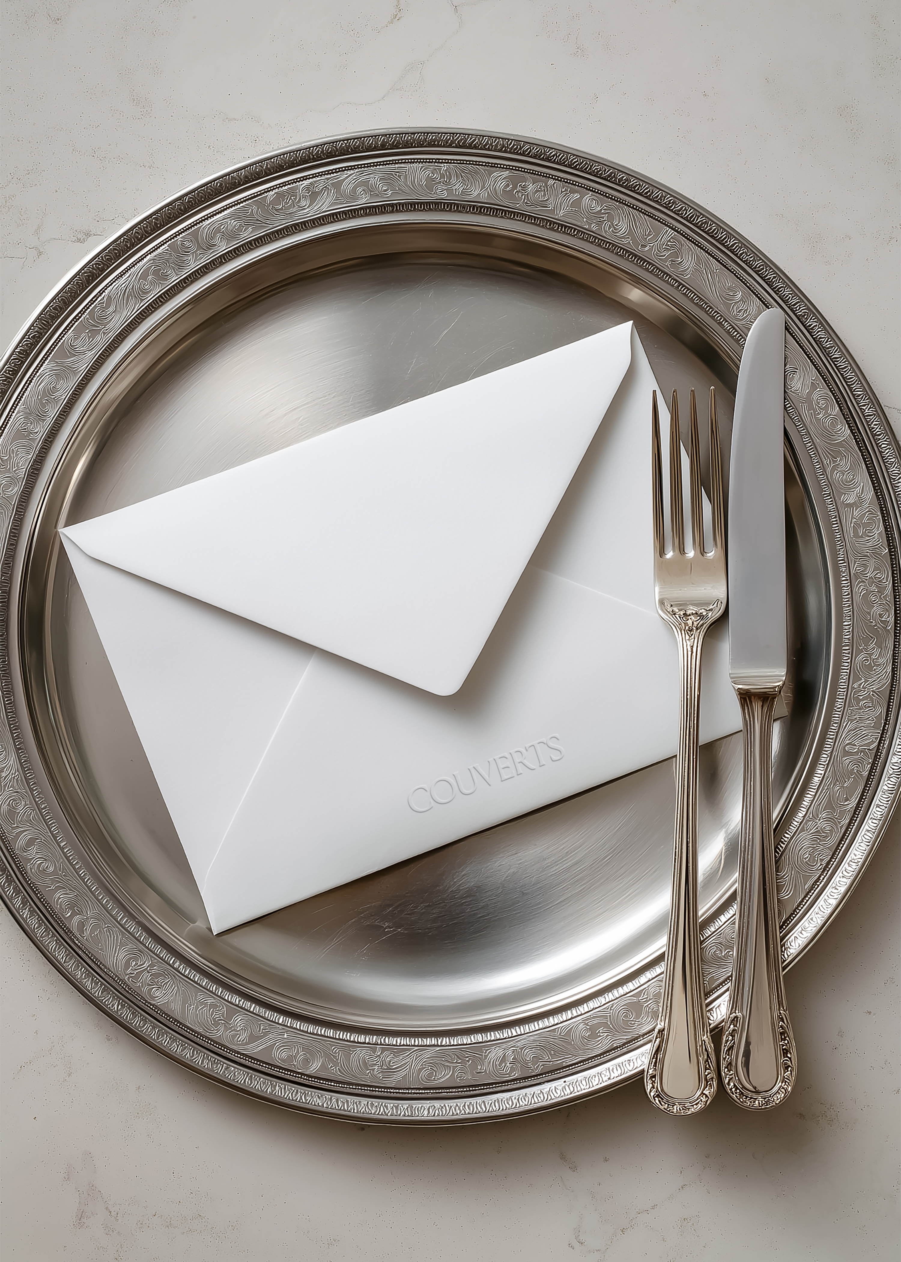 White embossed envelope mockup angled on round engraved silver tray with fork and knife, pale marble surface