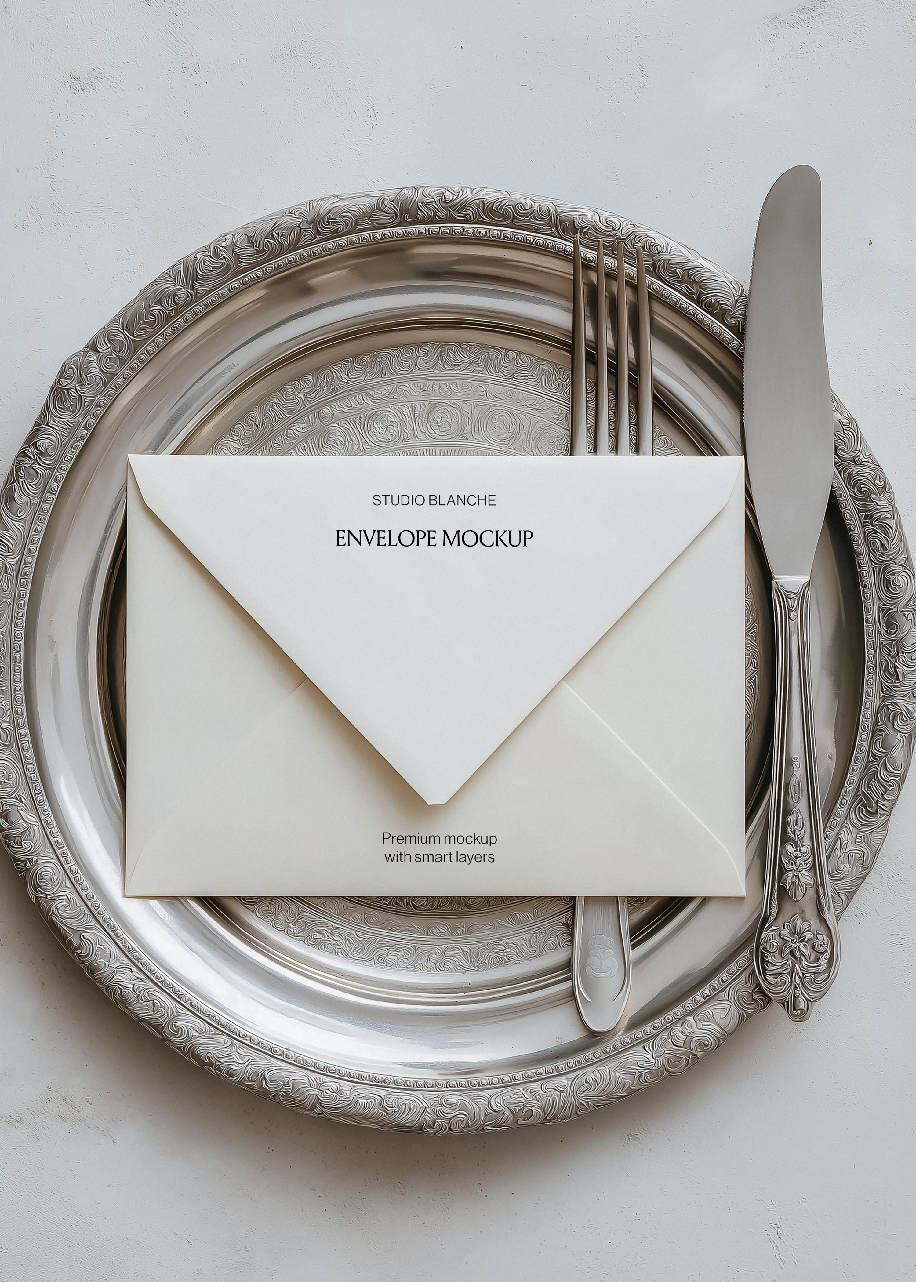 Ivory envelope mockup with Studio Blanche wordmark on layered silver trays with vintage cutlery, editorial styling