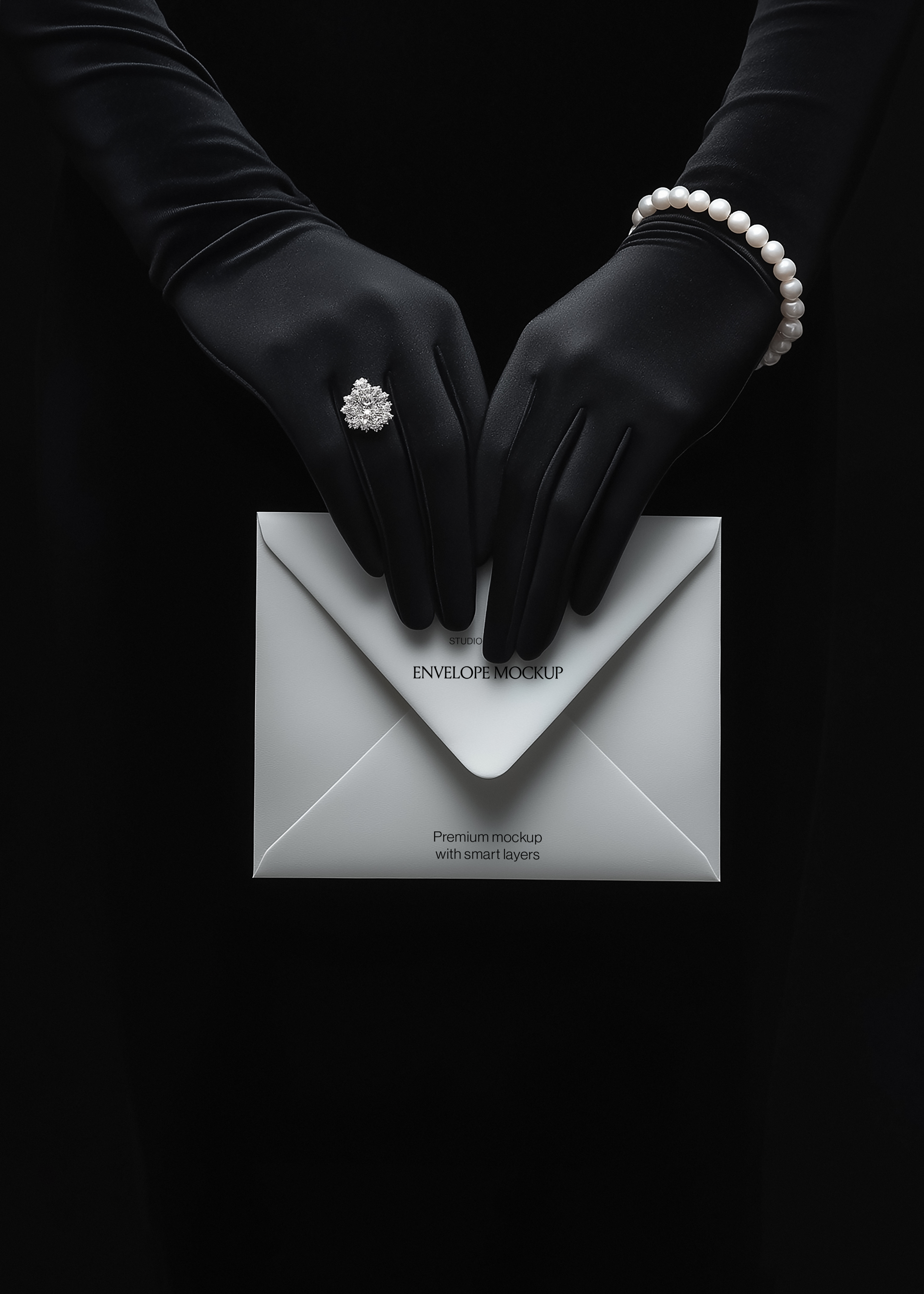 Envelope mockup with Studio Blanche wordmark framed by satin gloved fingers and pearl bracelet, noir editorial styling