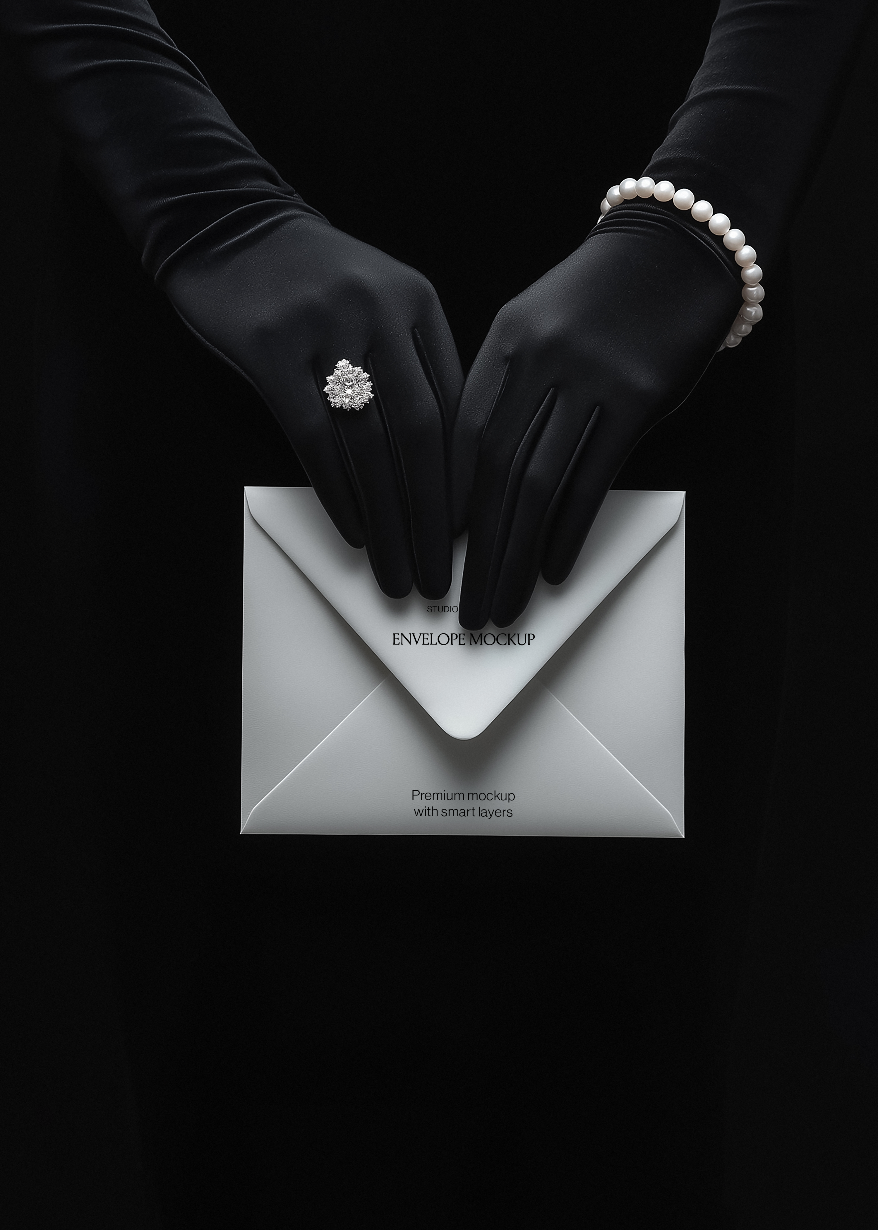 Envelope mockup with Studio Blanche wordmark framed by satin gloved fingers and pearl bracelet, noir editorial styling