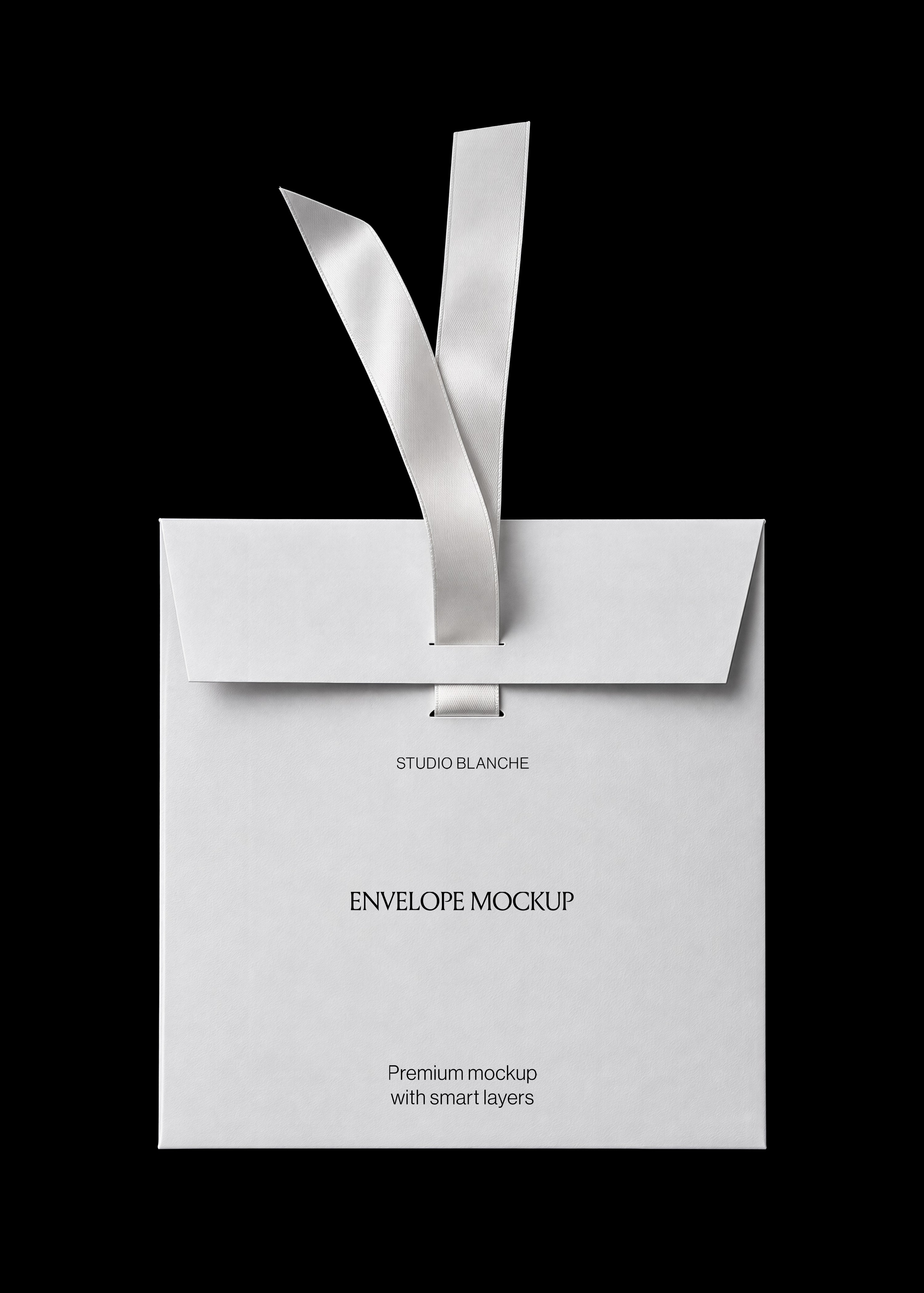 Close view of white paper envelope mockup with ribbon threaded through the flap, dark background, blank front panel