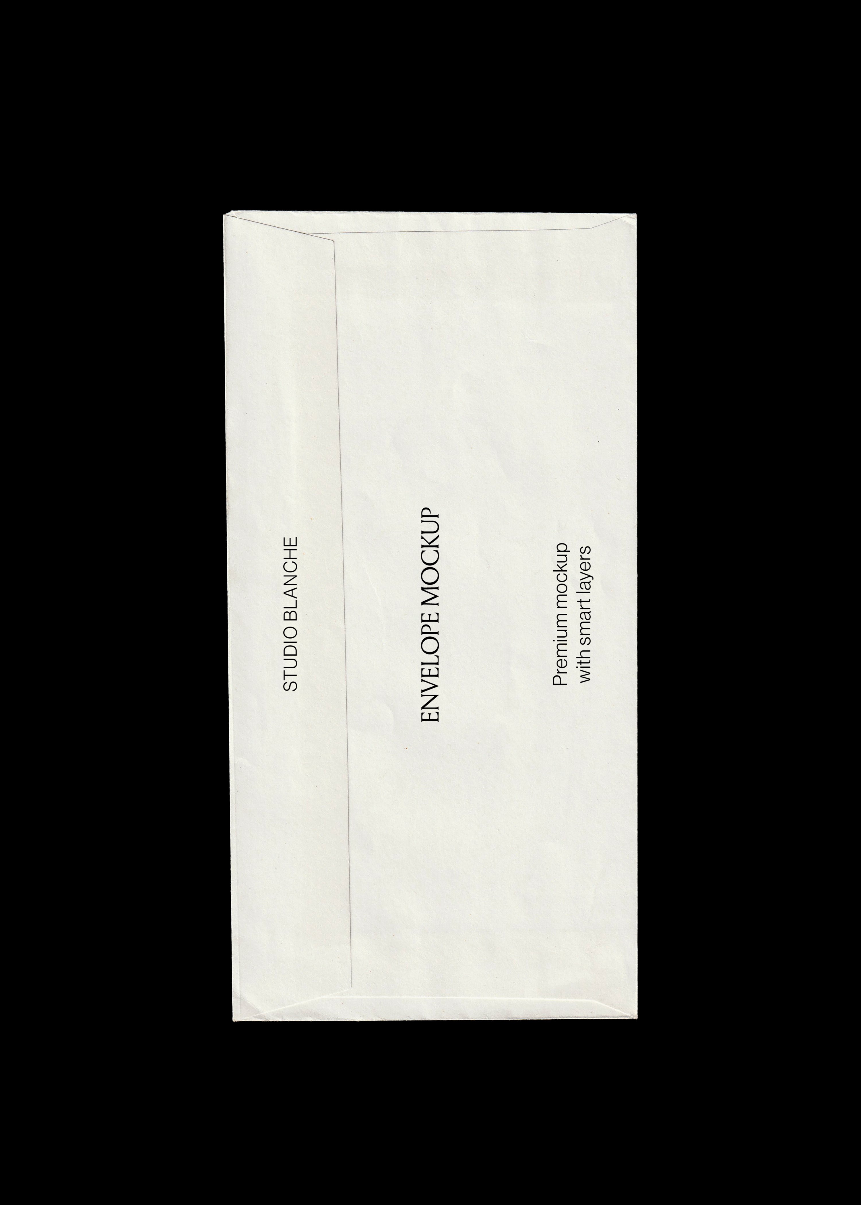 DL envelope mockup on black background, textured white paper with sealed seam and three vertical lines of black type