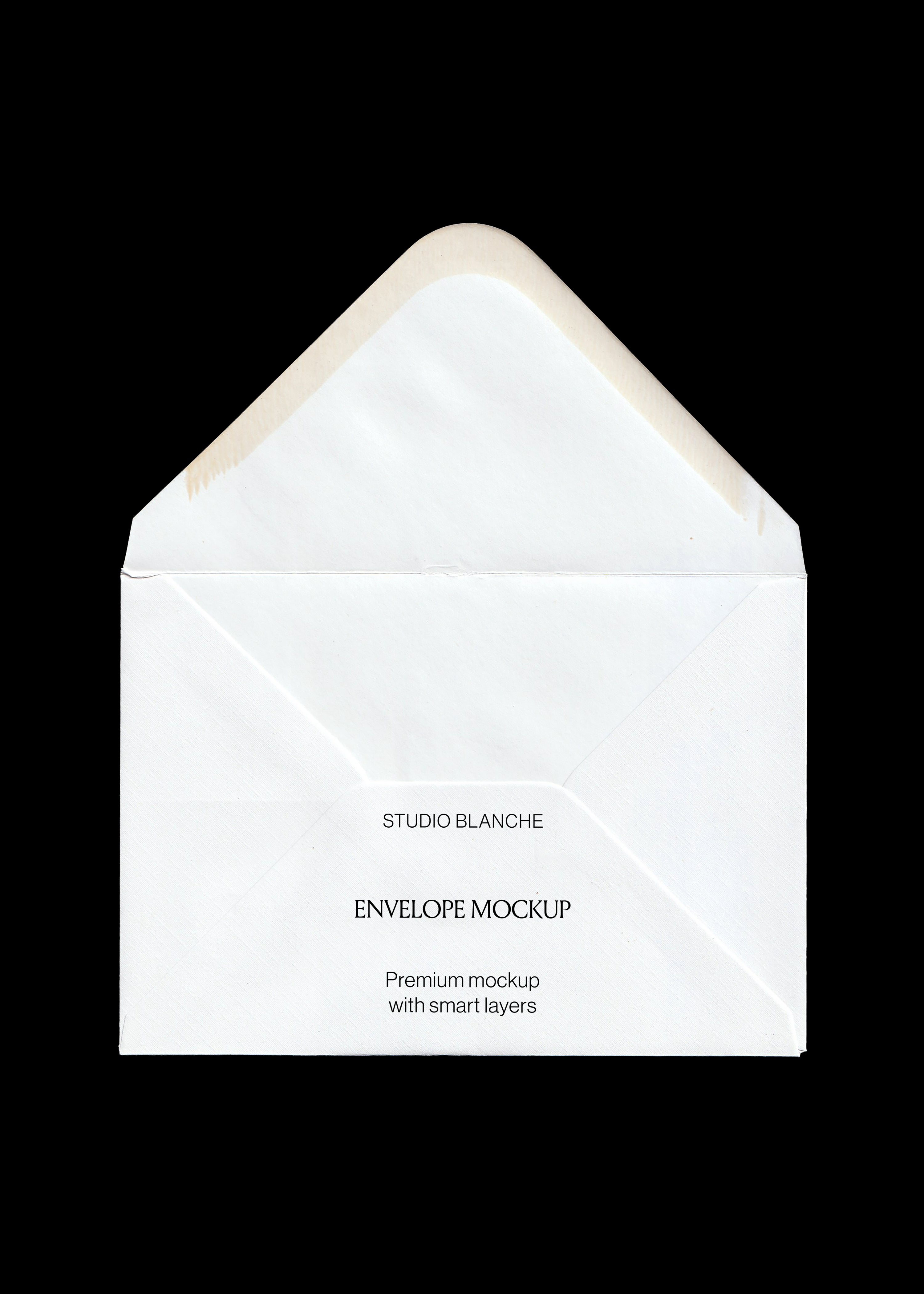 Open white envelope mockup on black background, textured laid paper with centred black serif type on the front