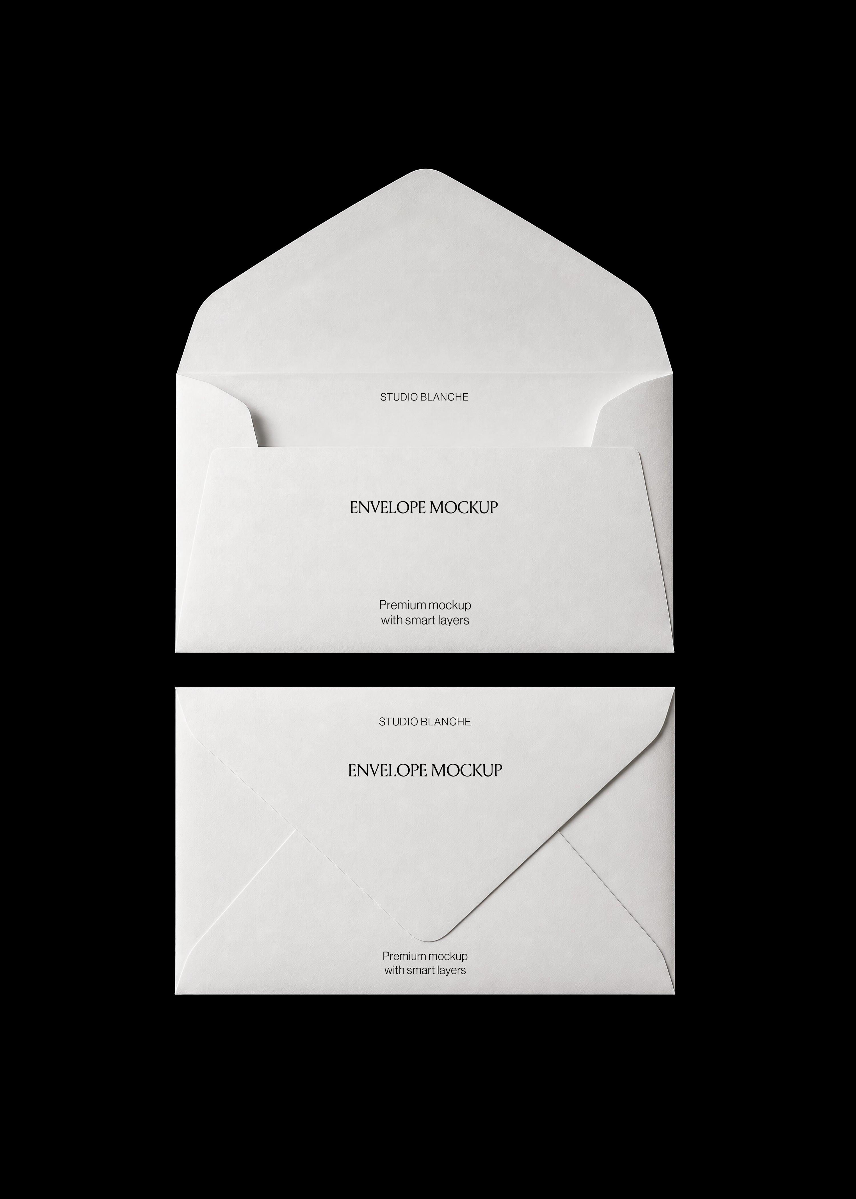 Sealed white envelope with embossed monogram seal, shown open and closed, minimal stationery mockup set