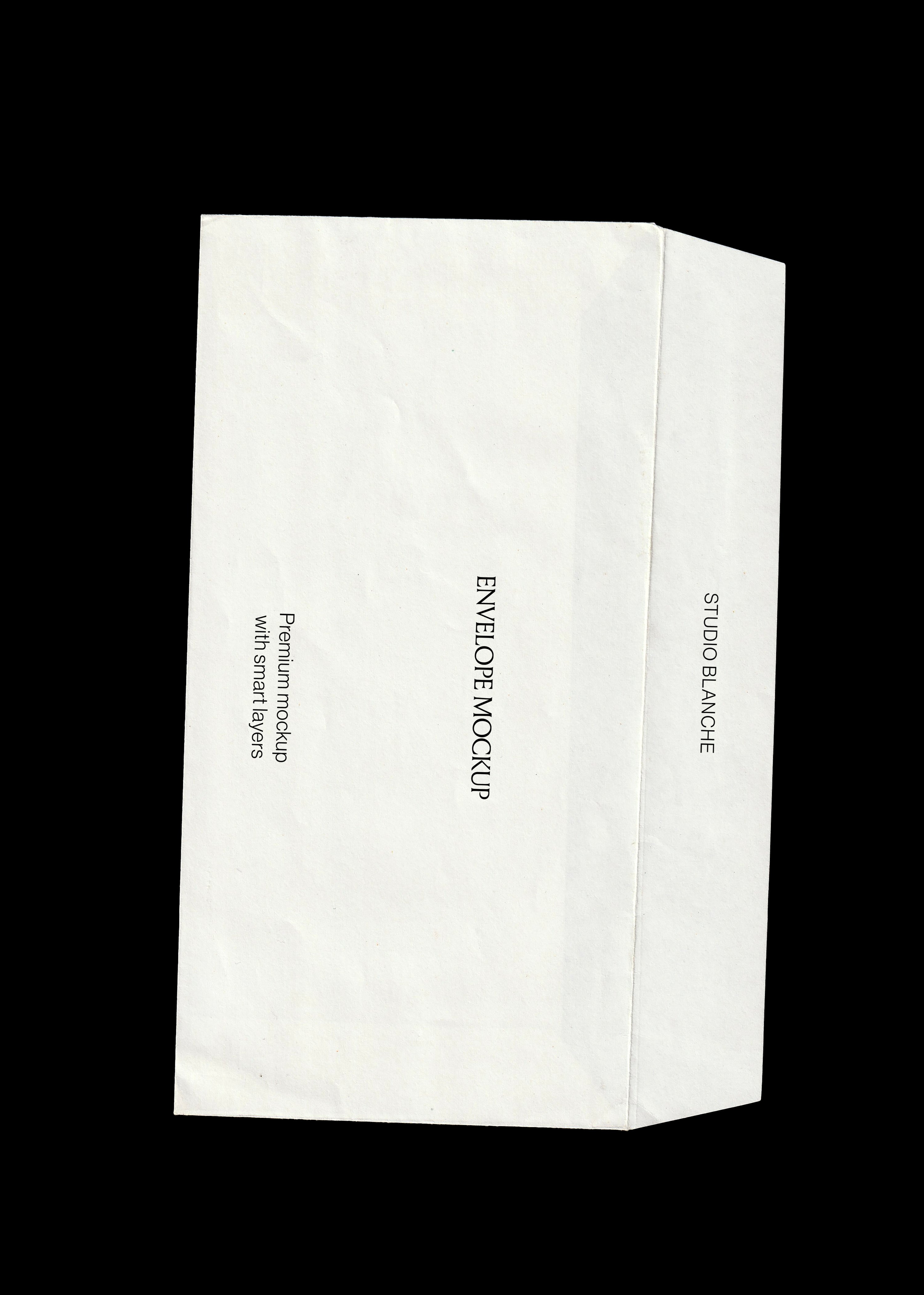 White gusset envelope mockup angled on black background, textured paper with side gusset fold and vertical type