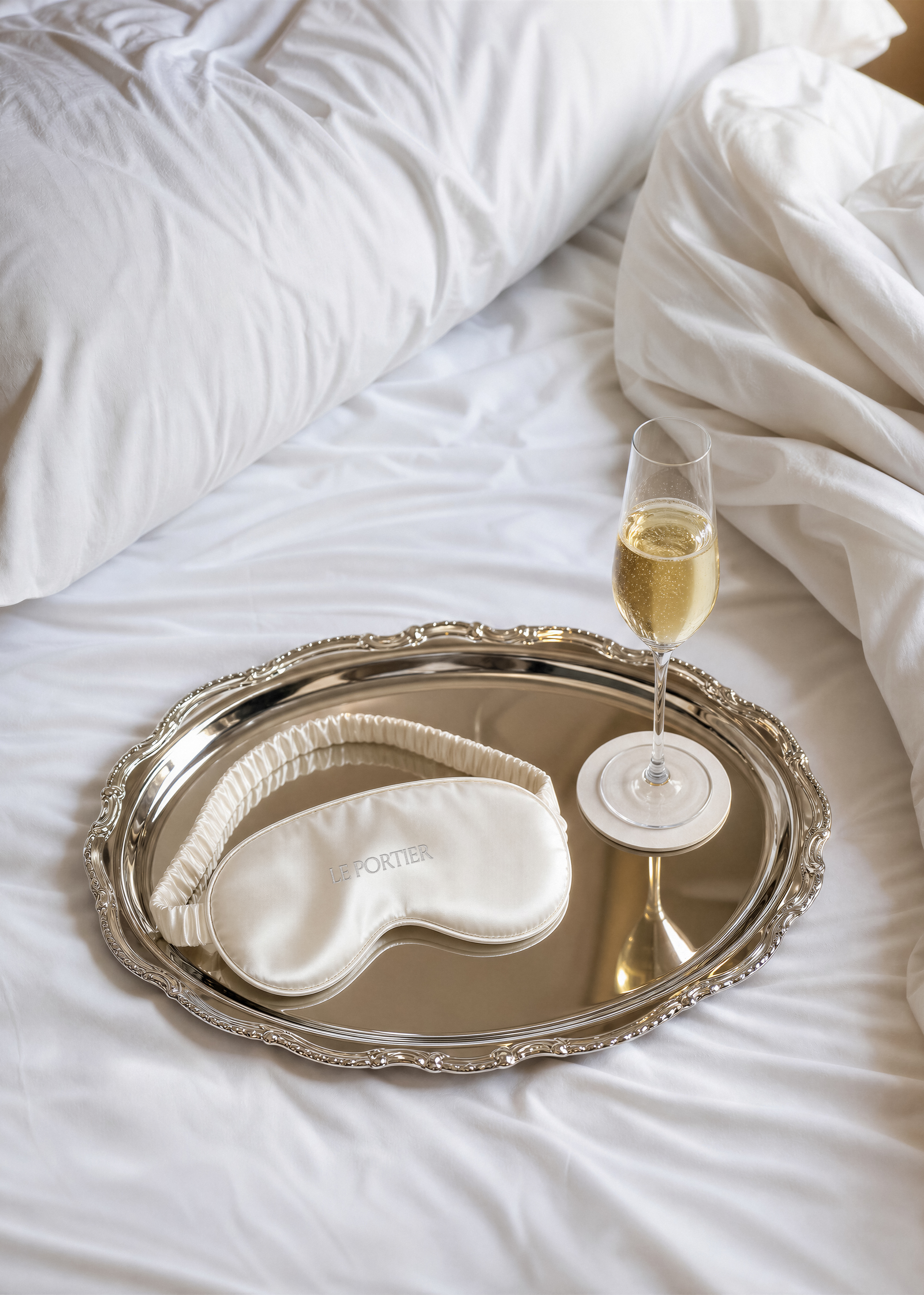 Silk eye mask mockup on an ornate silver tray beside a champagne flute, white hotel bed linen