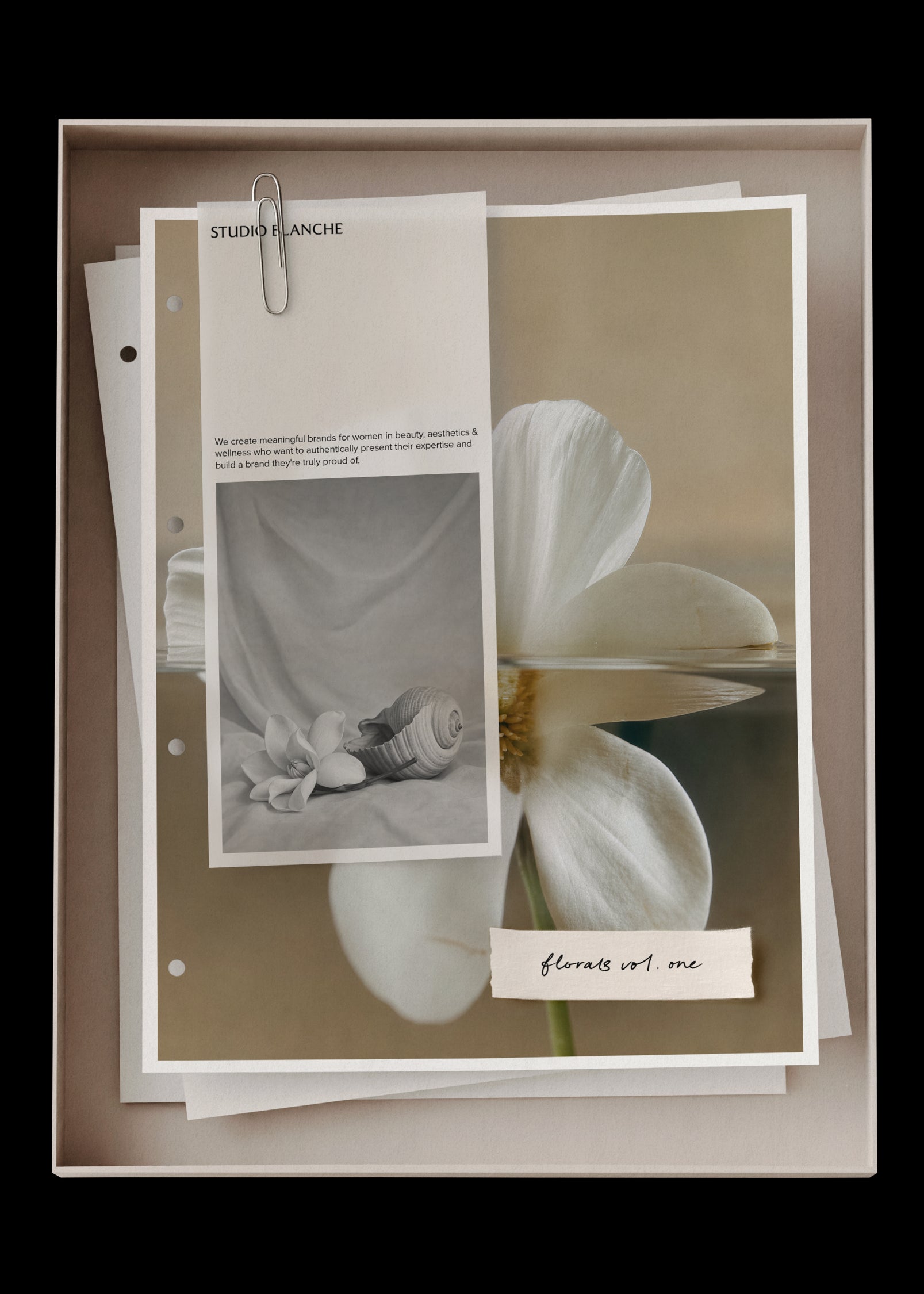 Layered print mockup showing Floral Vol. I floral stock images in a sand-toned box with paper and paperclip styling