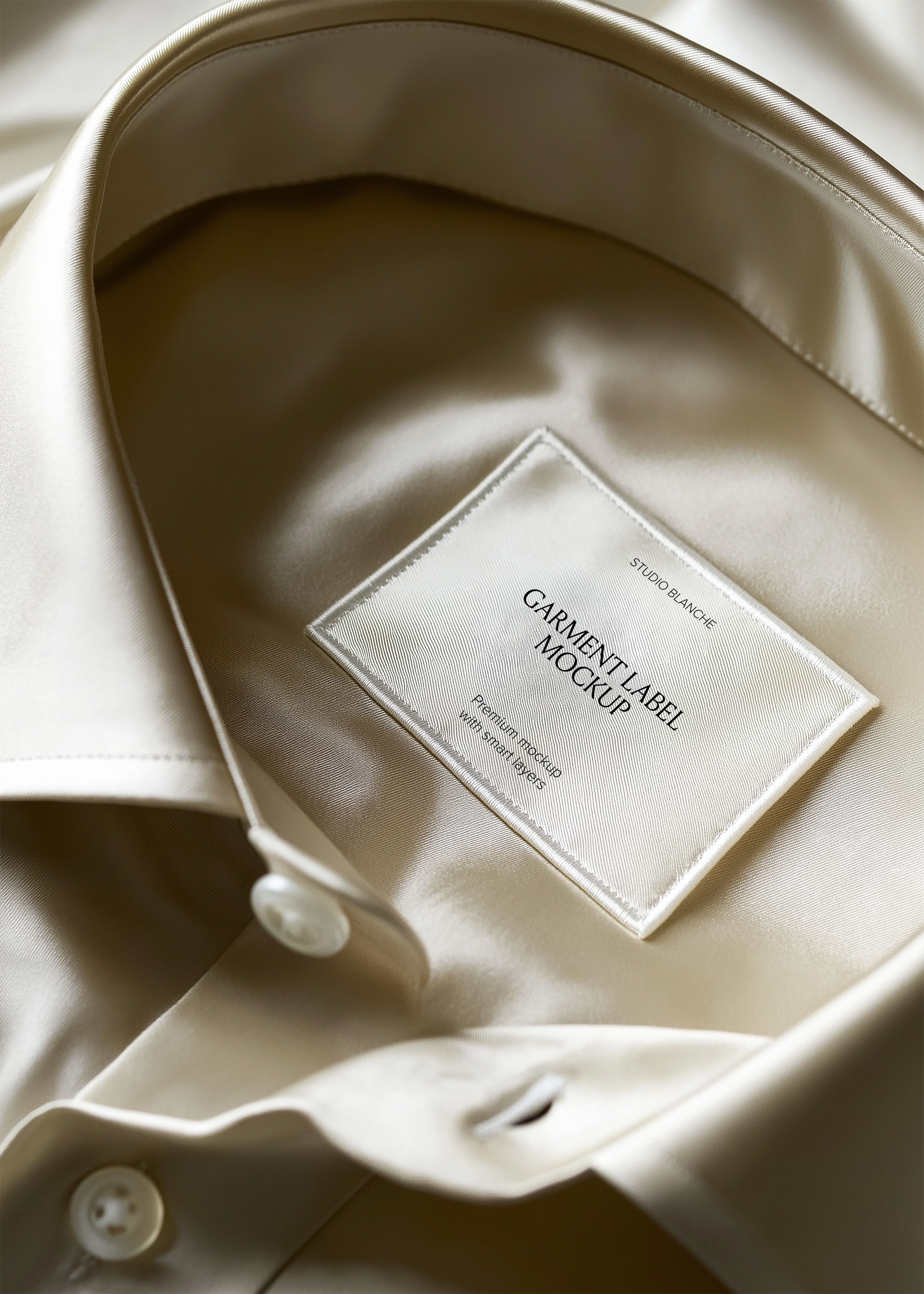 Woven garment label mockup inside open collar of draped cream satin shirt, close-up angled editorial styling