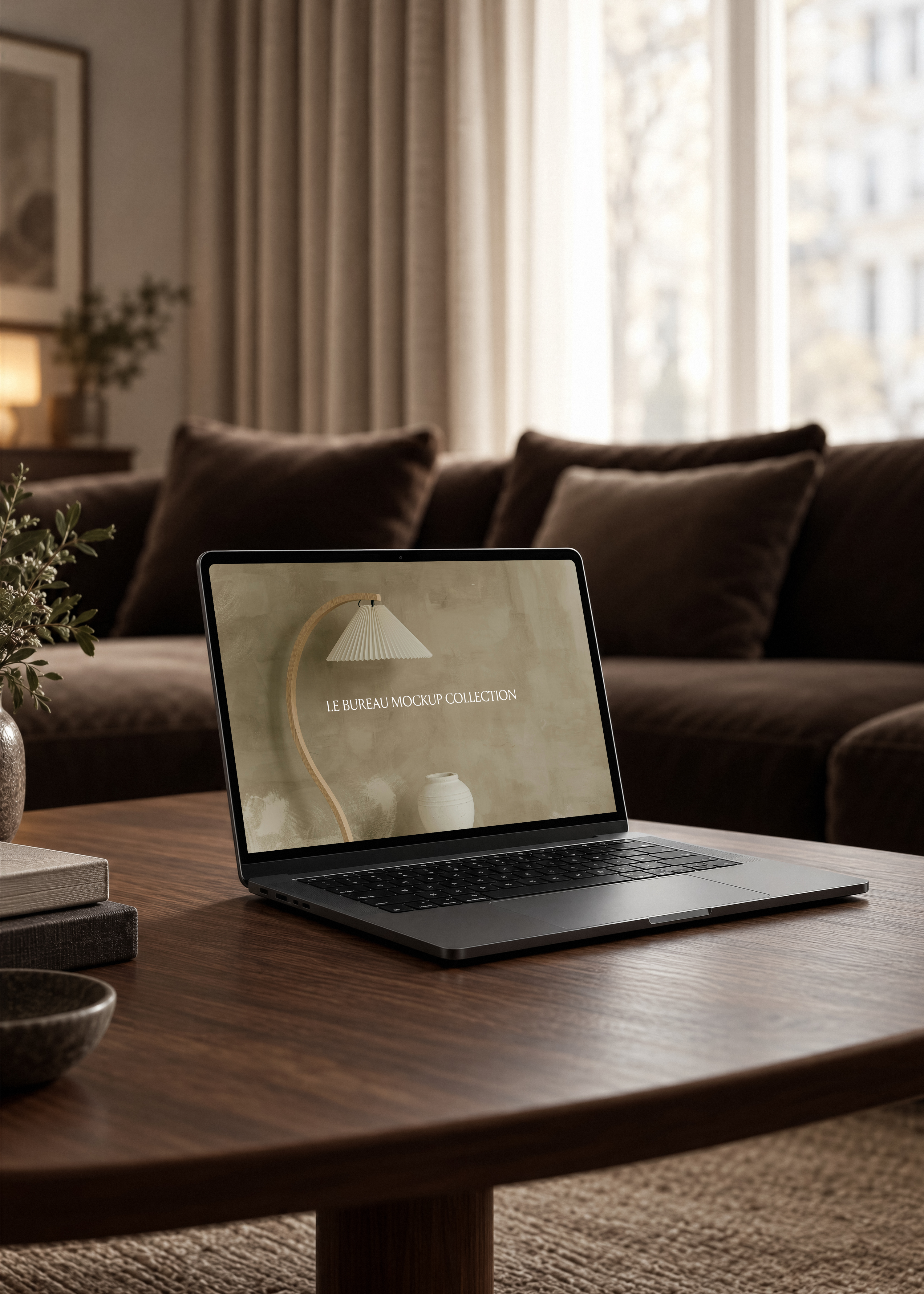 MacBook mockup displaying Le Bureau editorial on dark oak coffee table, blurred charcoal sofa and curtained window backdrop
