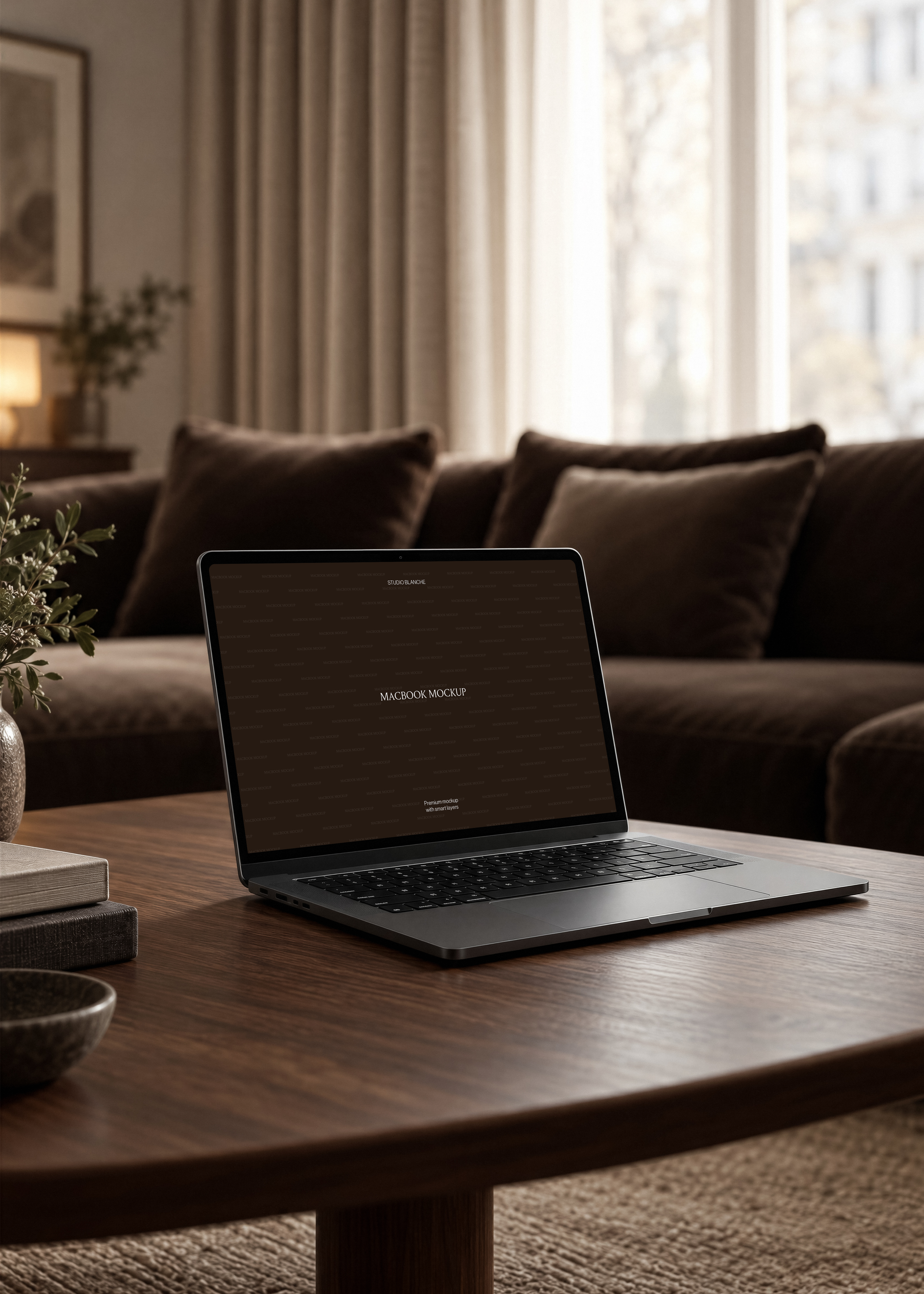 MacBook mockup open on dark oak coffee table, deep charcoal sofa and soft window light through floor-length curtains 