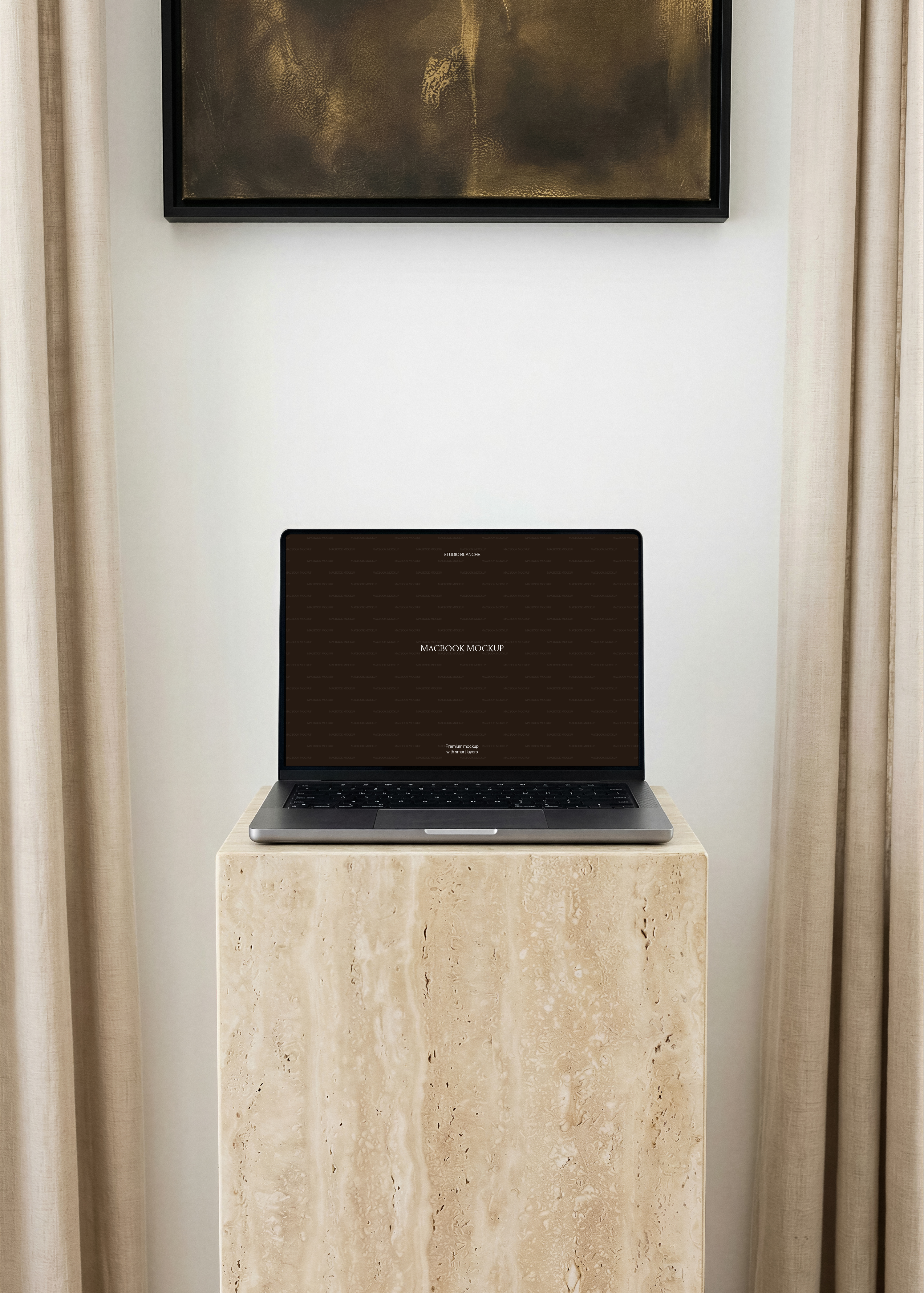 MacBook mockup on travertine plinth with linen curtains and dark gold framed artwork above, minimal white interior
