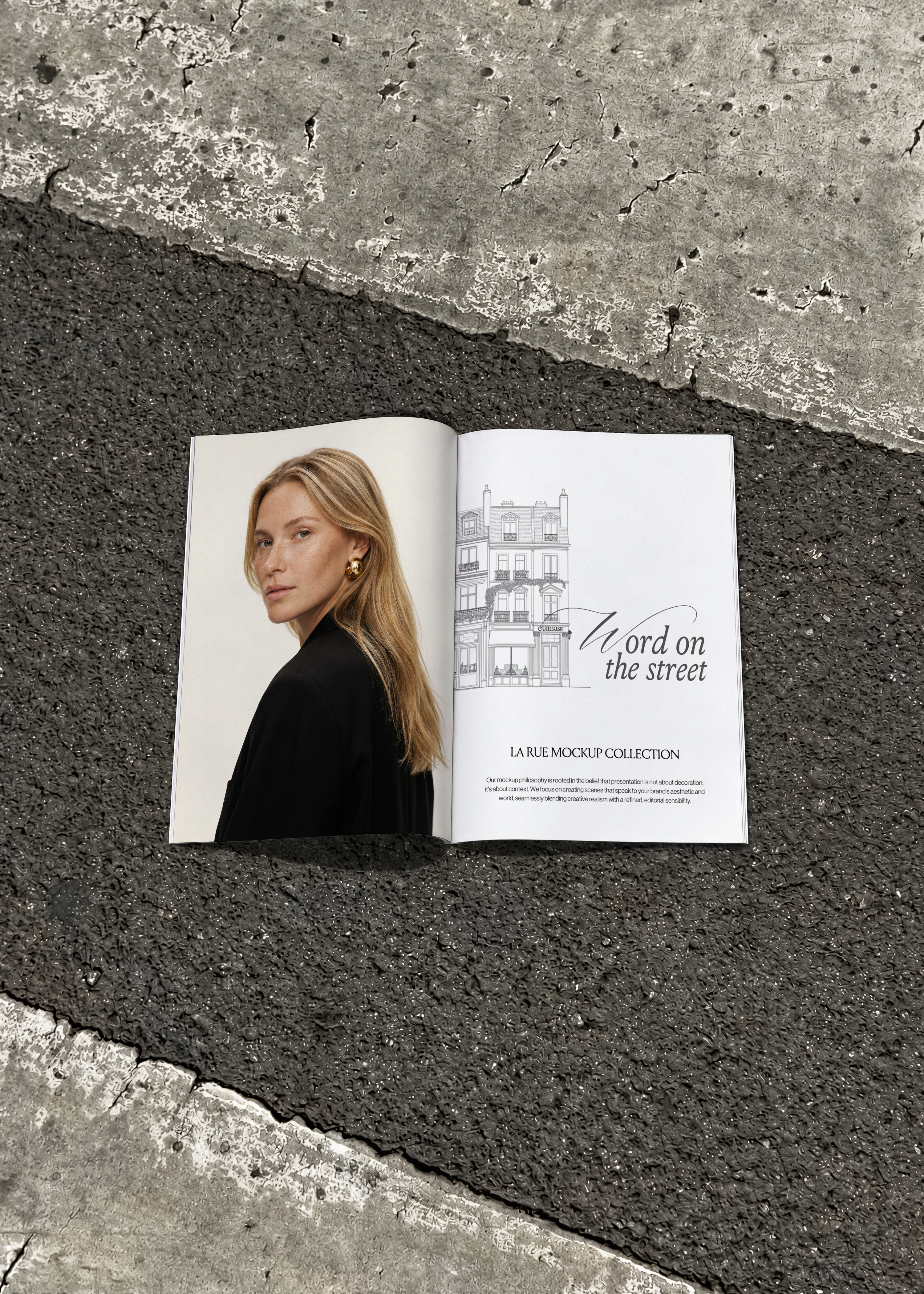 Magazine mockup open spread with portrait of woman with blonde hair and gold earring on dark asphalt and concrete