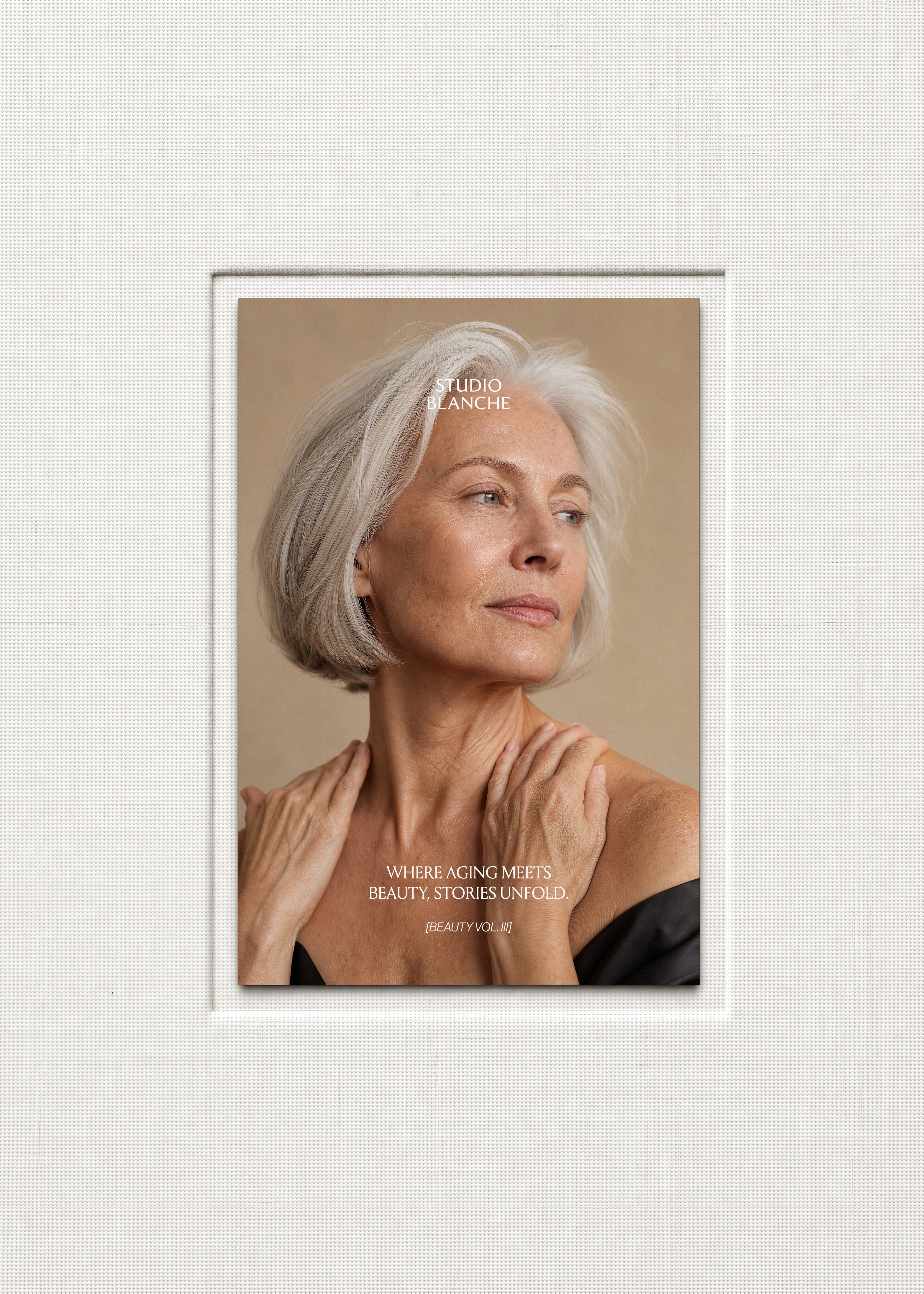 Close-up portrait of mature woman with silver hair and freckled skin, soft warm light, Beauty Vol. III by Studio Blanche