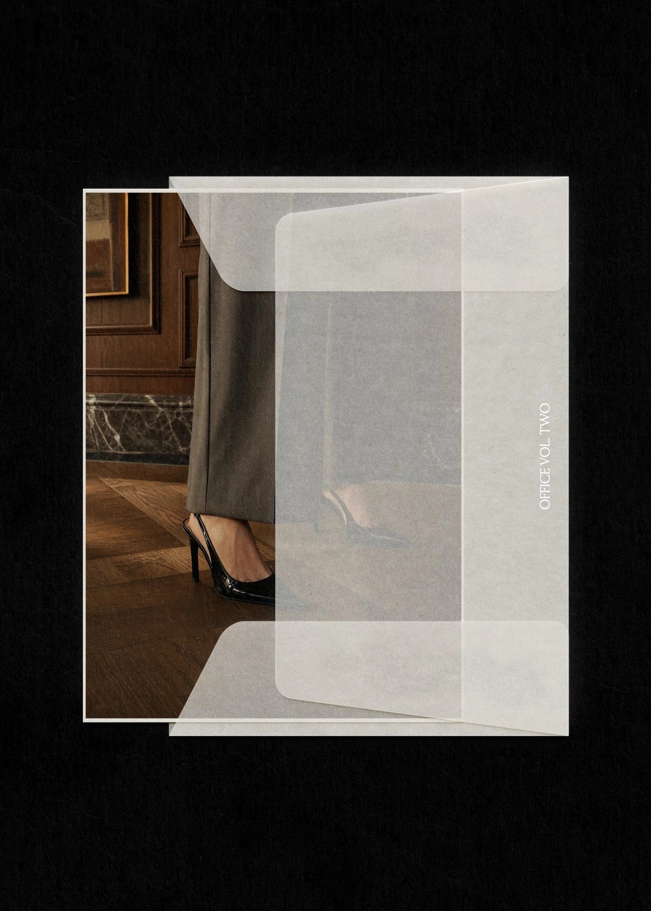 Close crop of charcoal wide-leg trousers and black slingback heels on dark parquet floor, Office Vol. Two editorial stock
