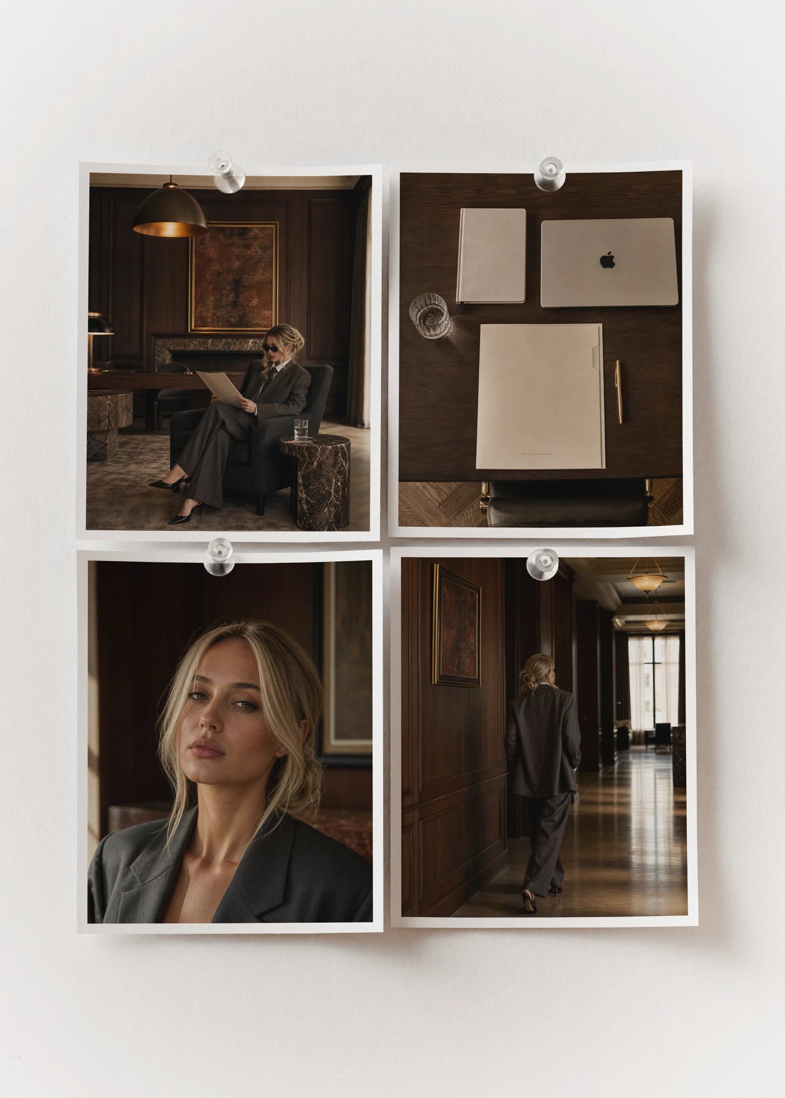 Four dark editorial office stock photos pinned to white wall, charcoal suit, dark oak and amber tones, Office Collection