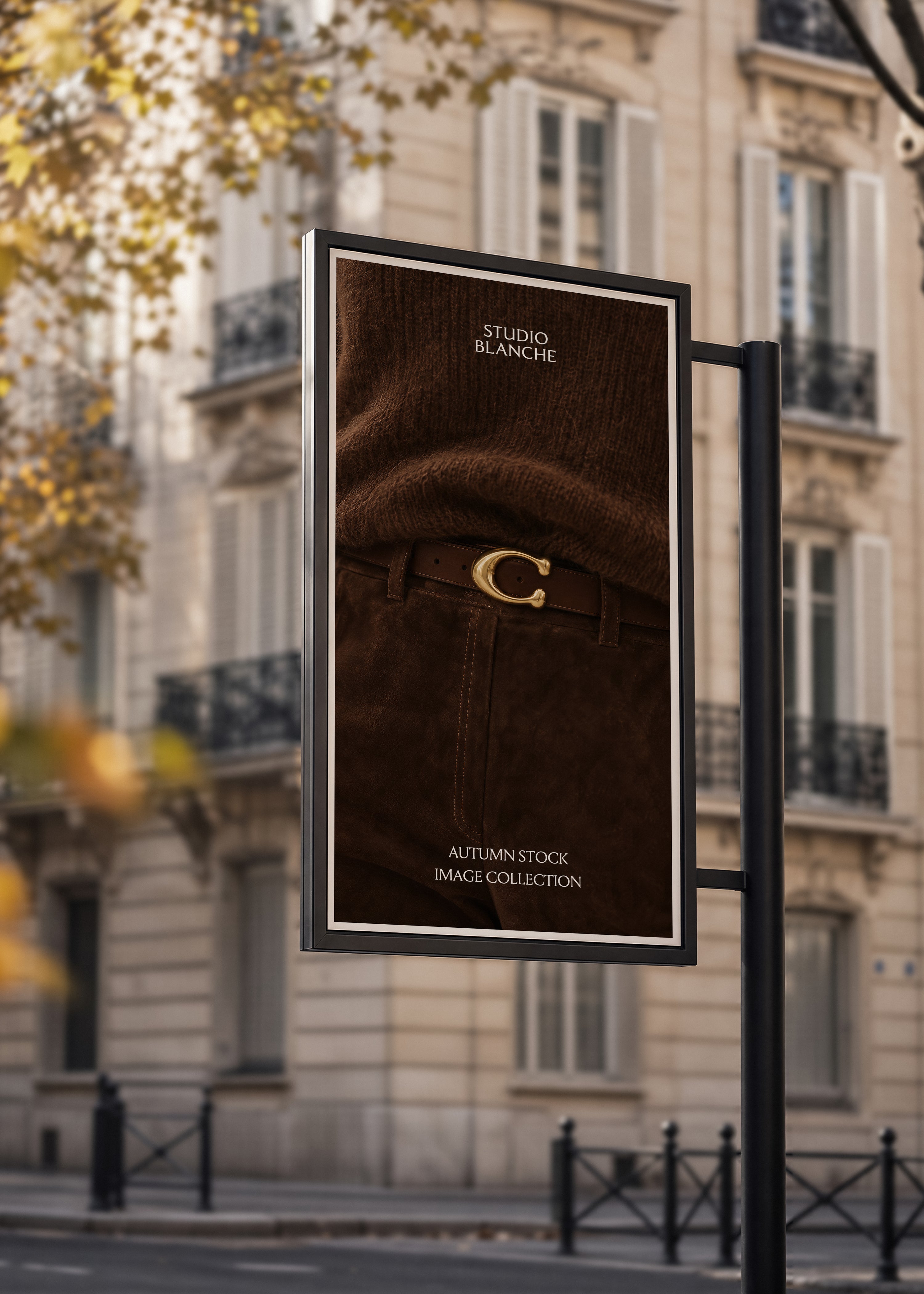 Street billboard on a black pole outside a Haussmann-style building showing a brown suede and belt close-up, Studio Blanche