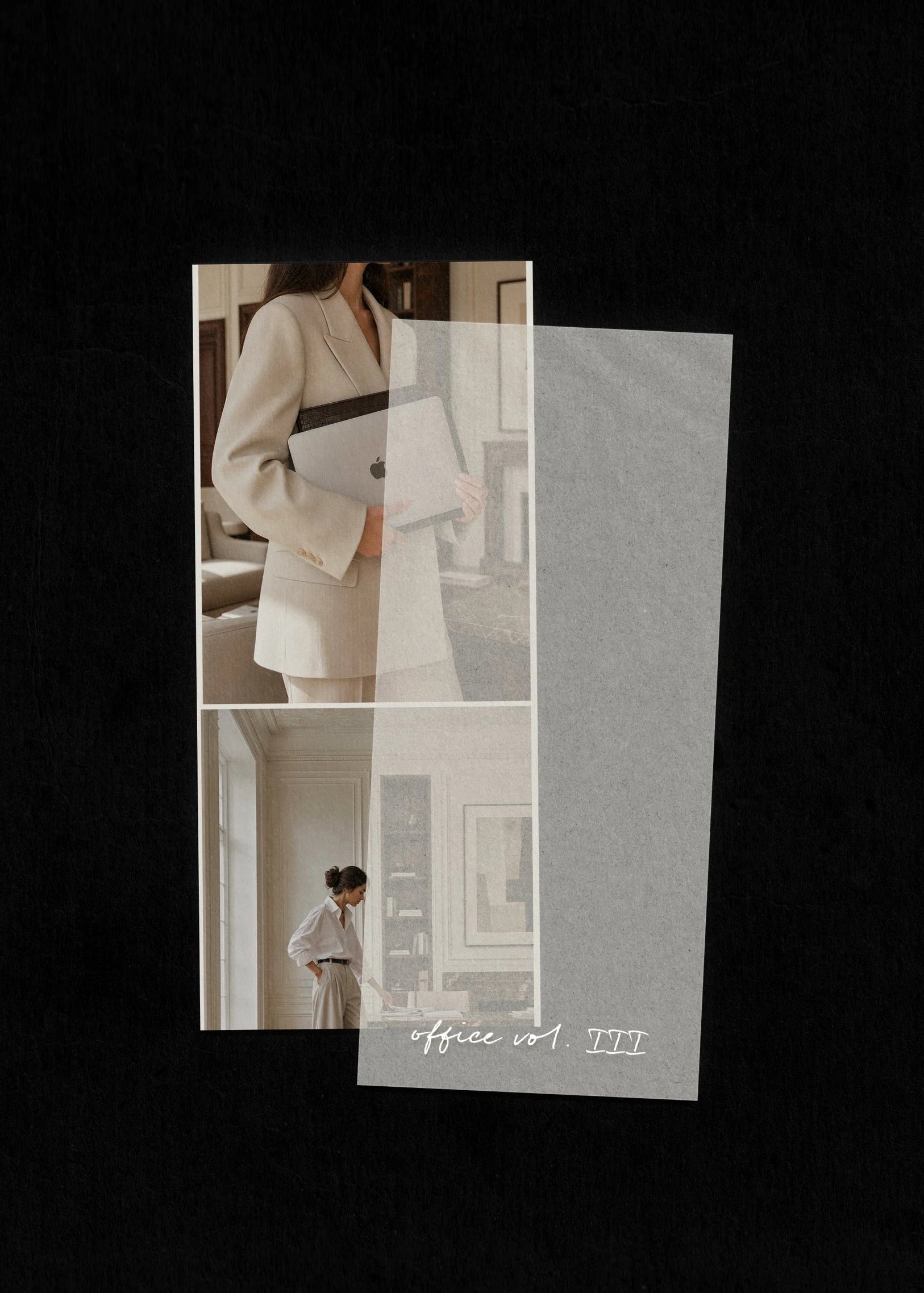 Two editorial office stock photos showing cream blazer with MacBook and white shirt in pale interior, Office Vol. III mockup
