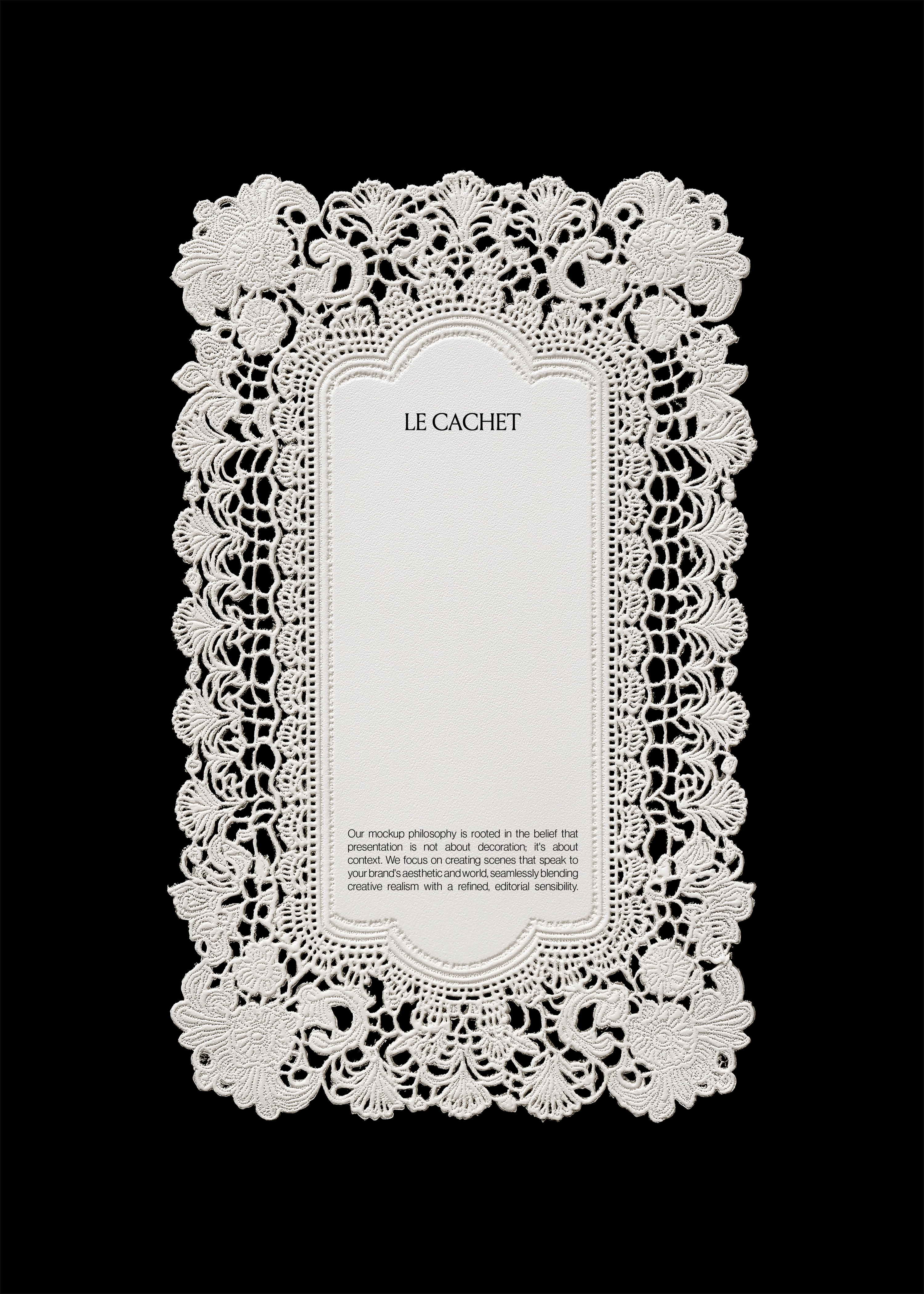 Rectangular white lace paper napkin mockup on black, embossed floral border framing a blank centre panel