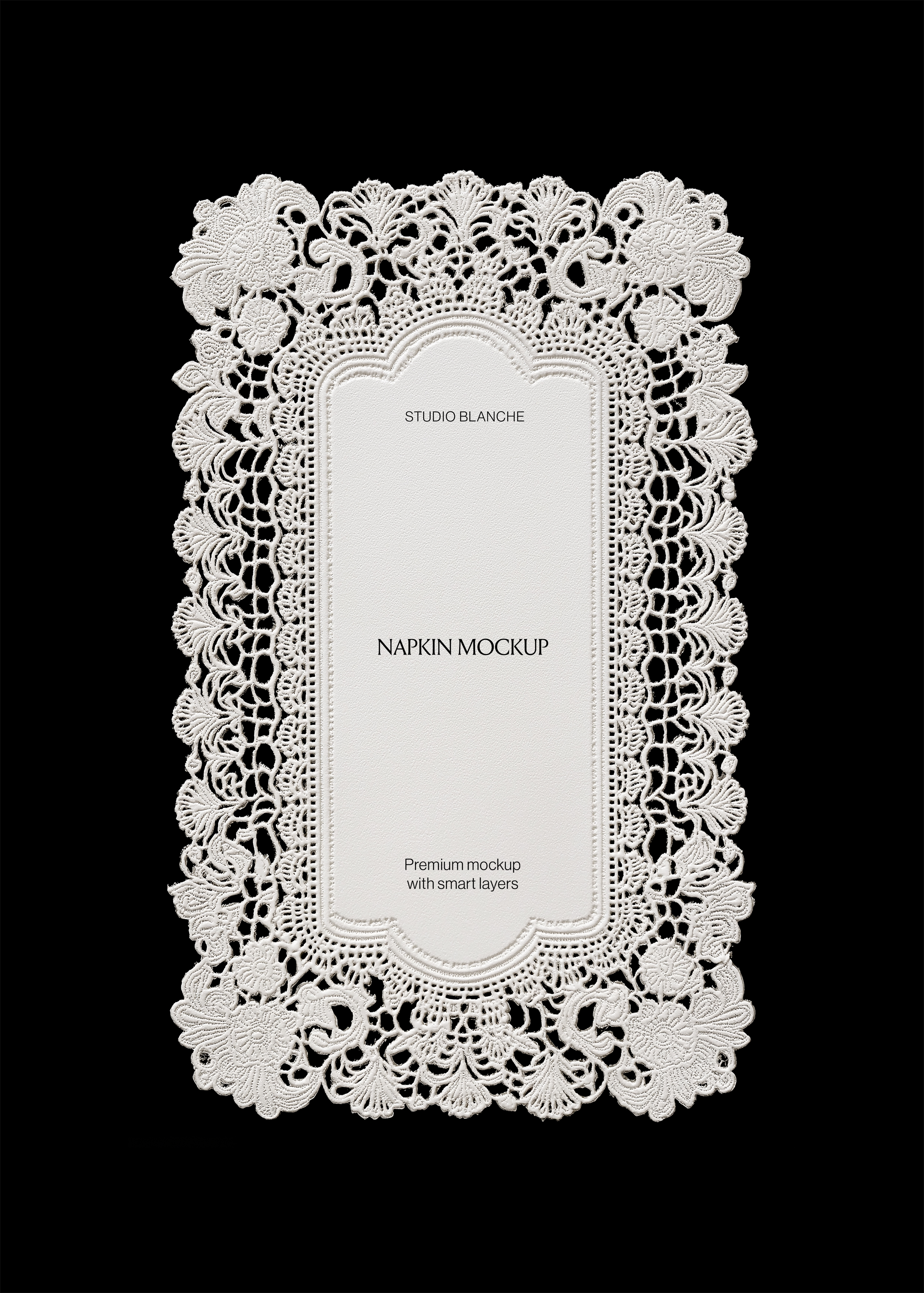 Vintage lace doily napkin mockup scanned flat on black background with serif type in the embossed centre