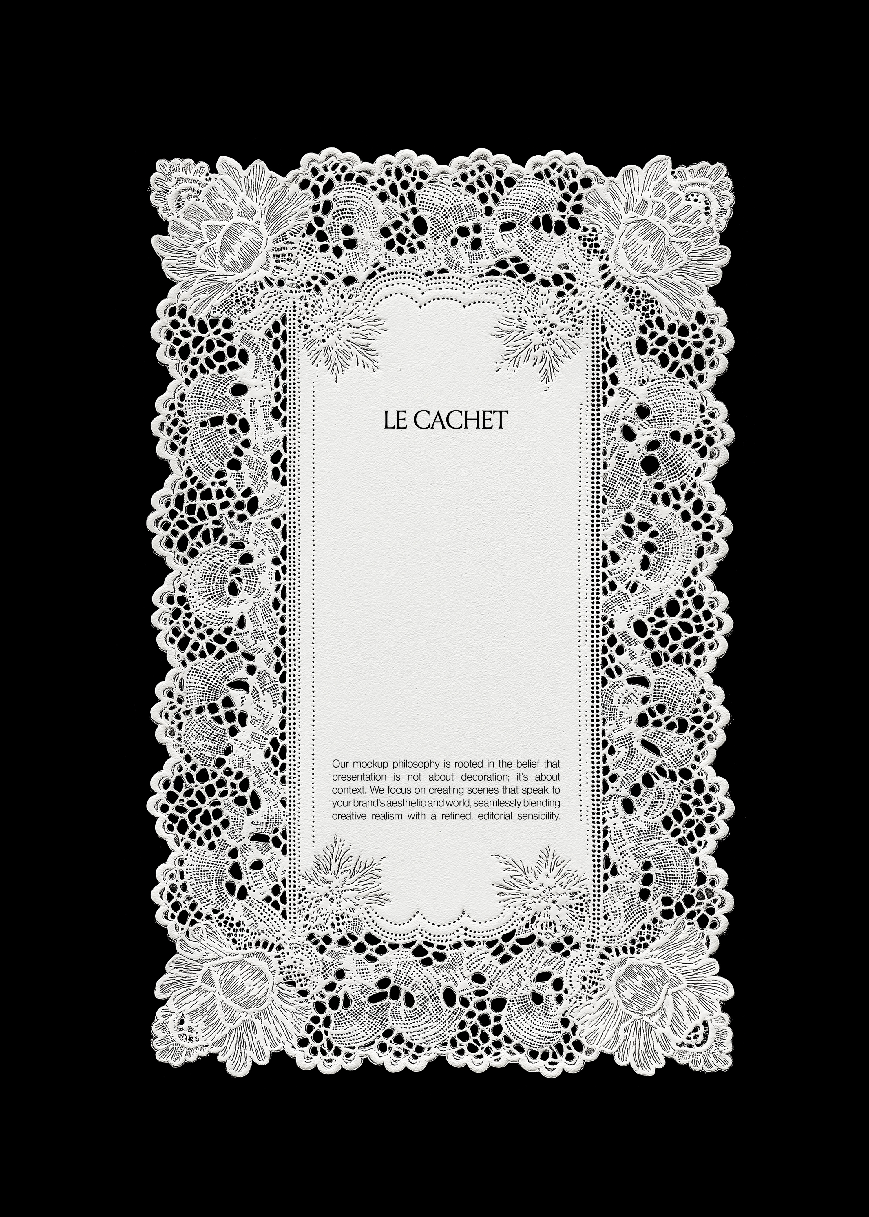 Rectangular lace paper napkin mockup on black with dense floral border and tall blank centre panel