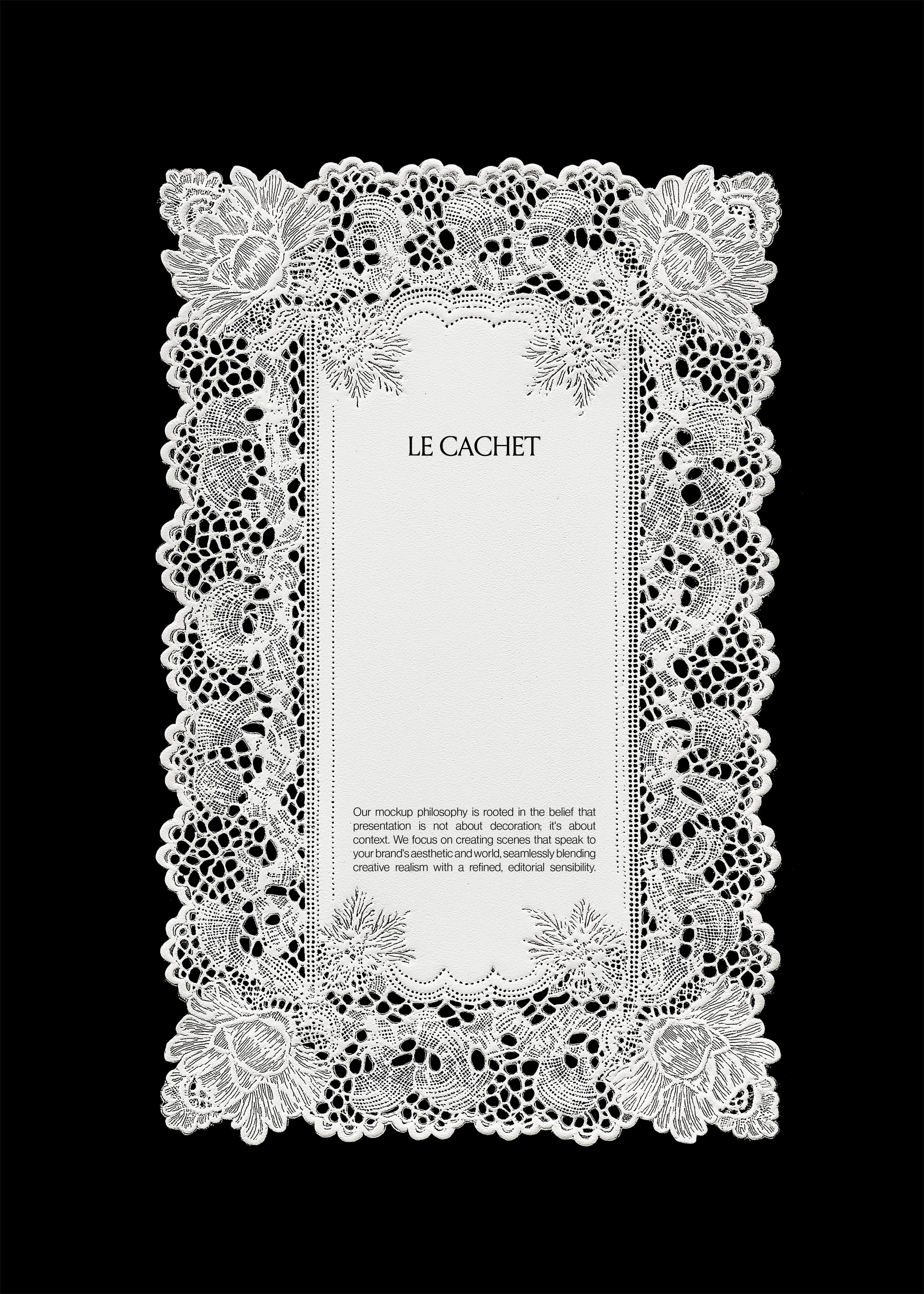 Rectangular lace paper napkin mockup on black with dense floral border and tall blank centre panel