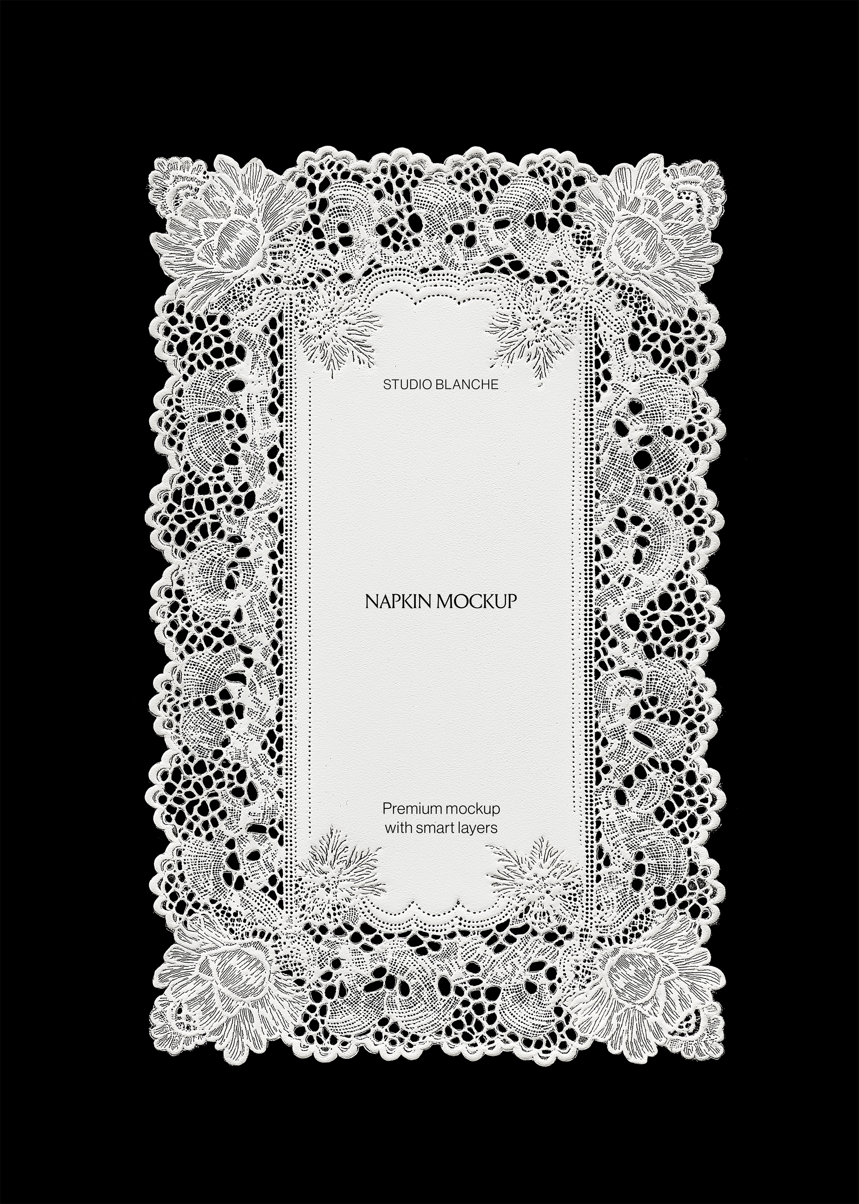 Scalloped vintage lace doily napkin mockup scanned on black, serif brand name centred in the open panel