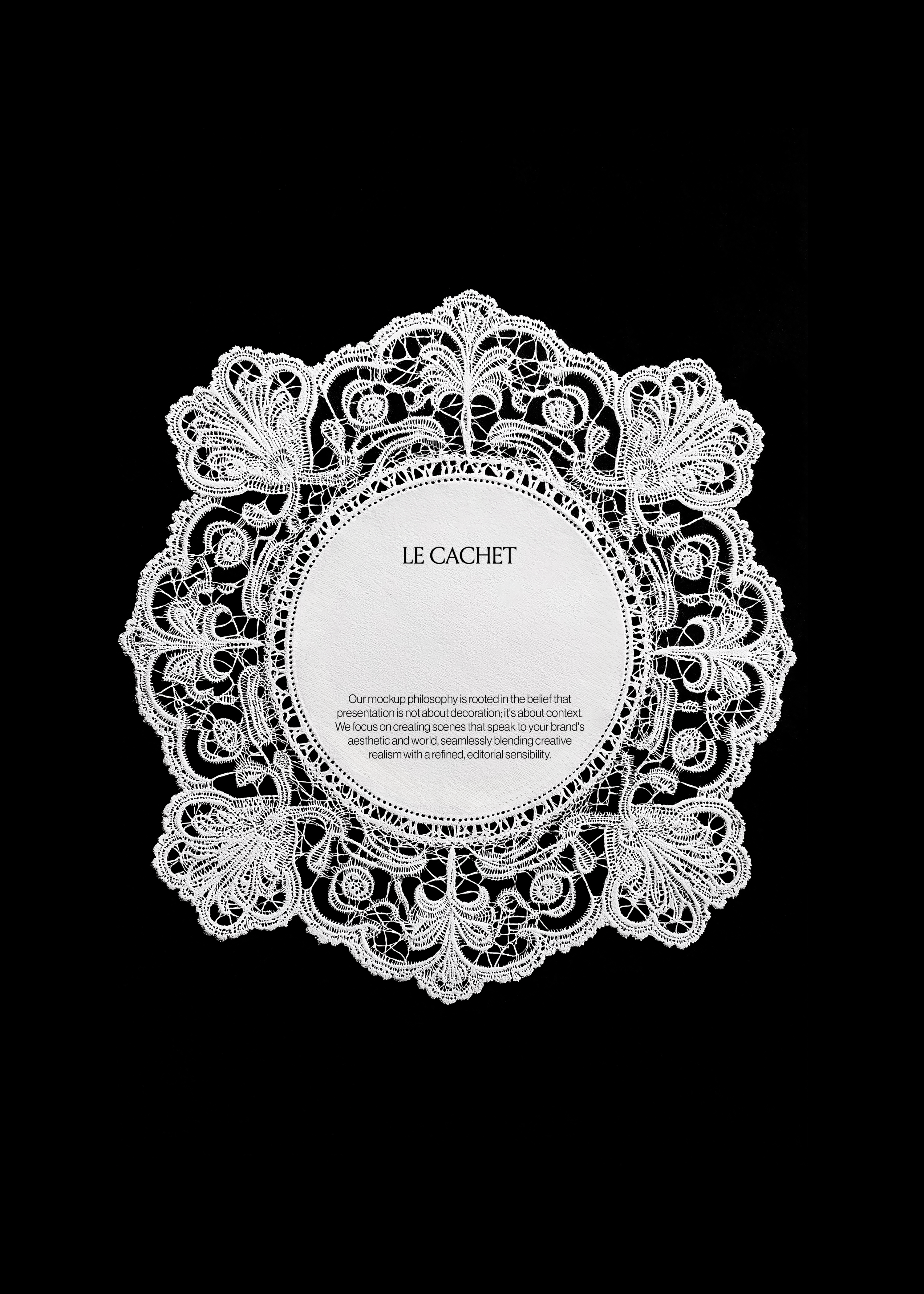 Round scalloped lace napkin mockup on black, fan and floral openwork border framing a blank circular centre
