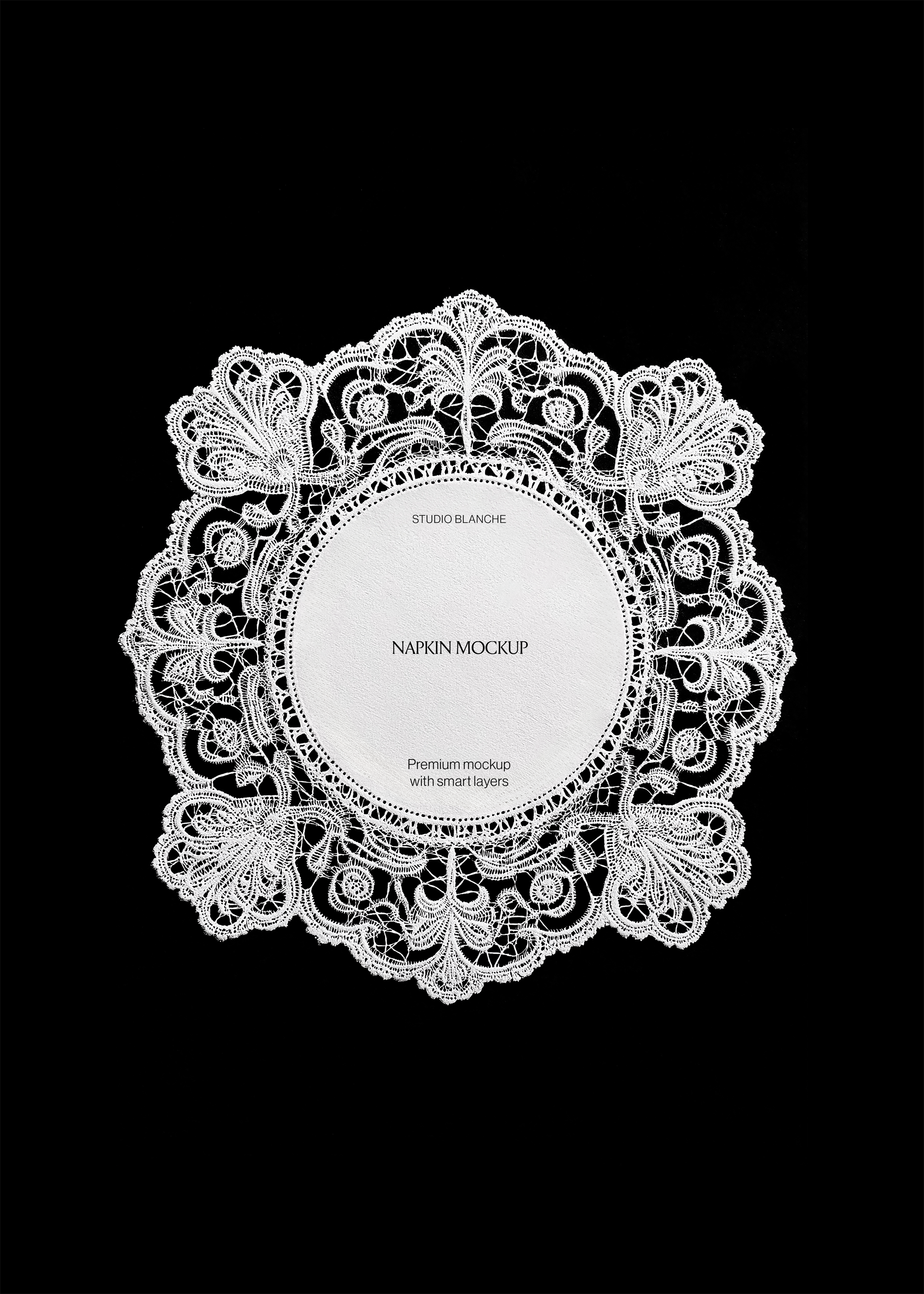 Circular vintage lace doily napkin mockup scanned on black background with serif brand name in the centre