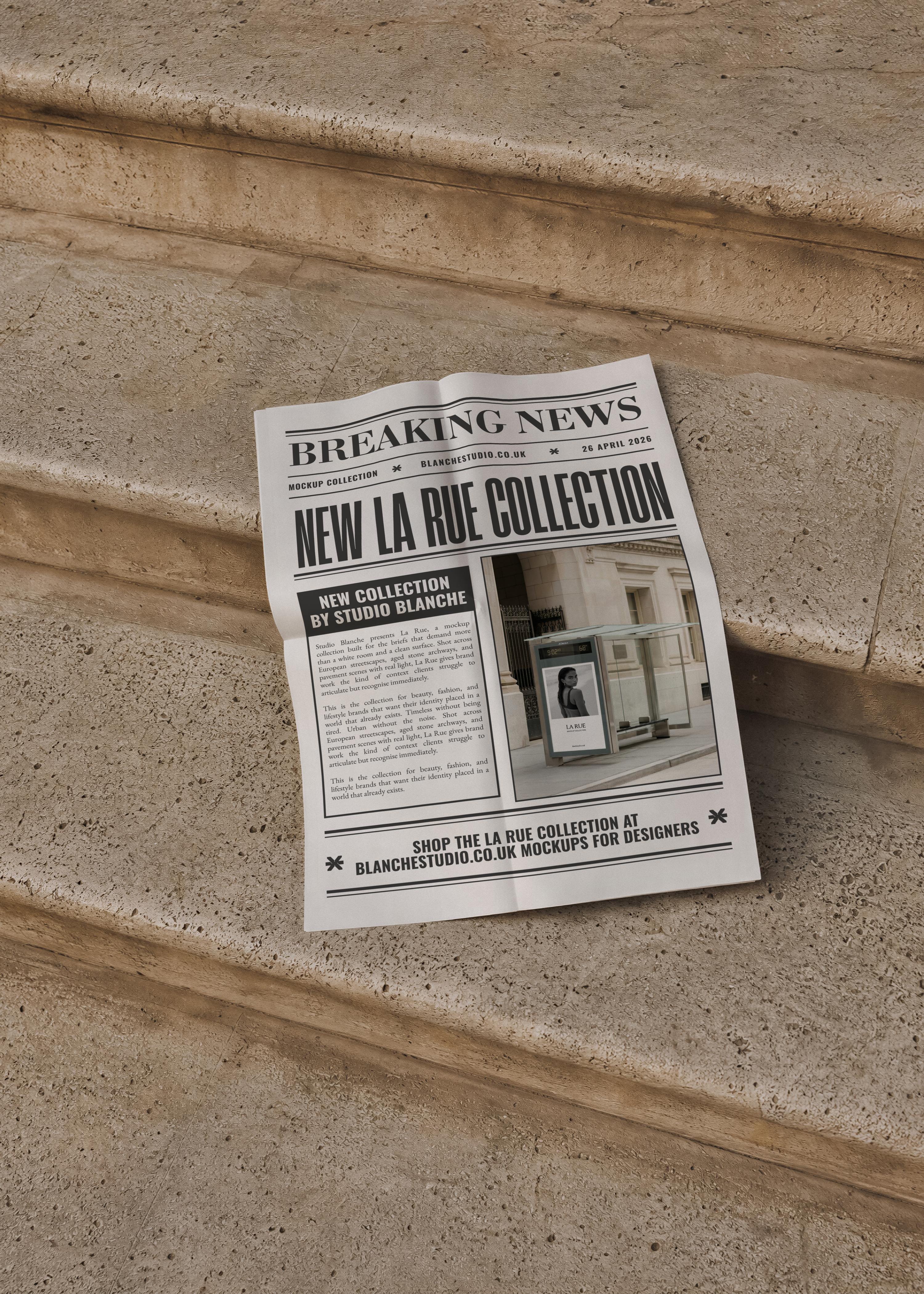 Newspaper mockup with bold headline typography lying on warm travertine stone steps in soft natural daylight