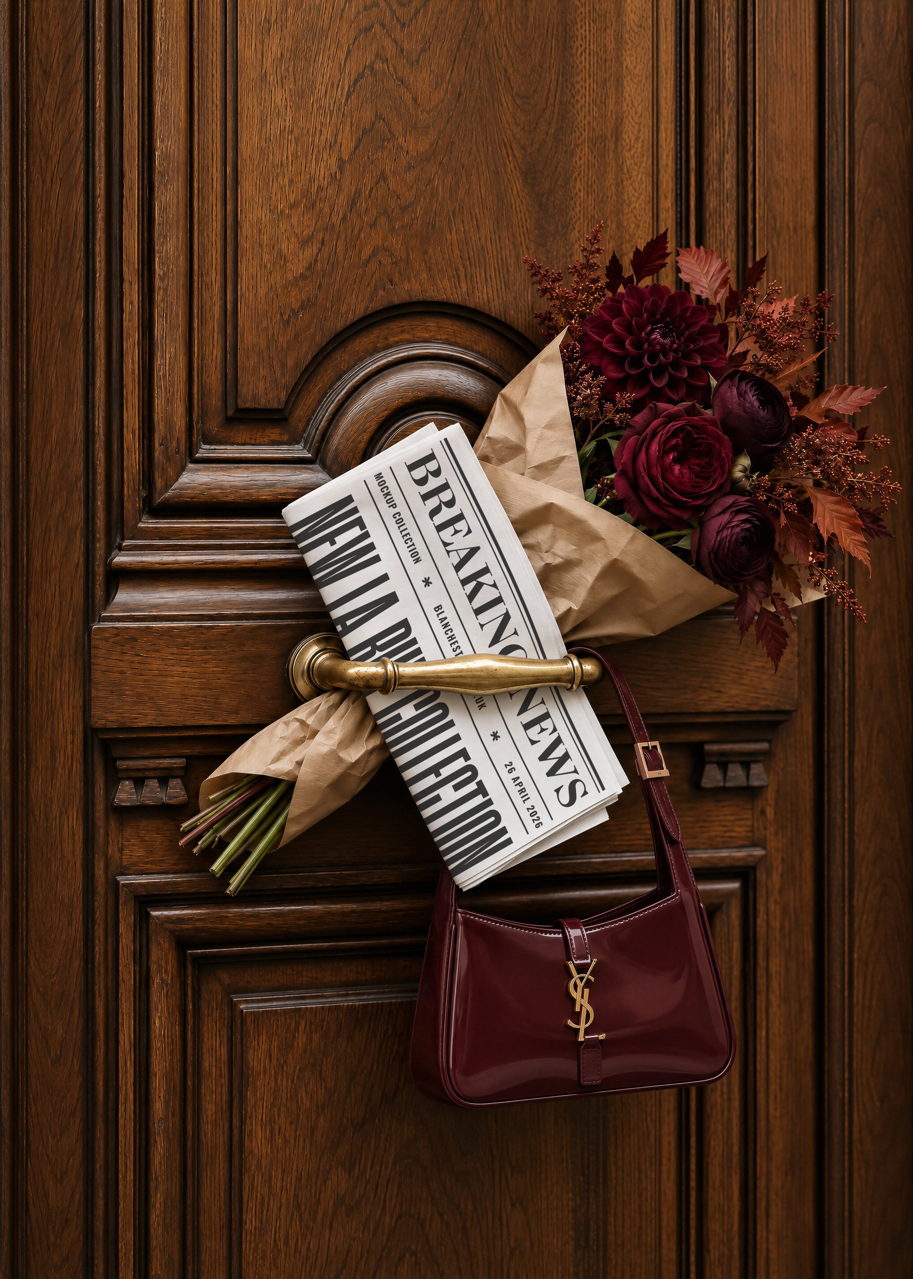 Folded newspaper mockup tucked into brass door handle on carved oak door, with burgundy bouquet and patent shoulder bag