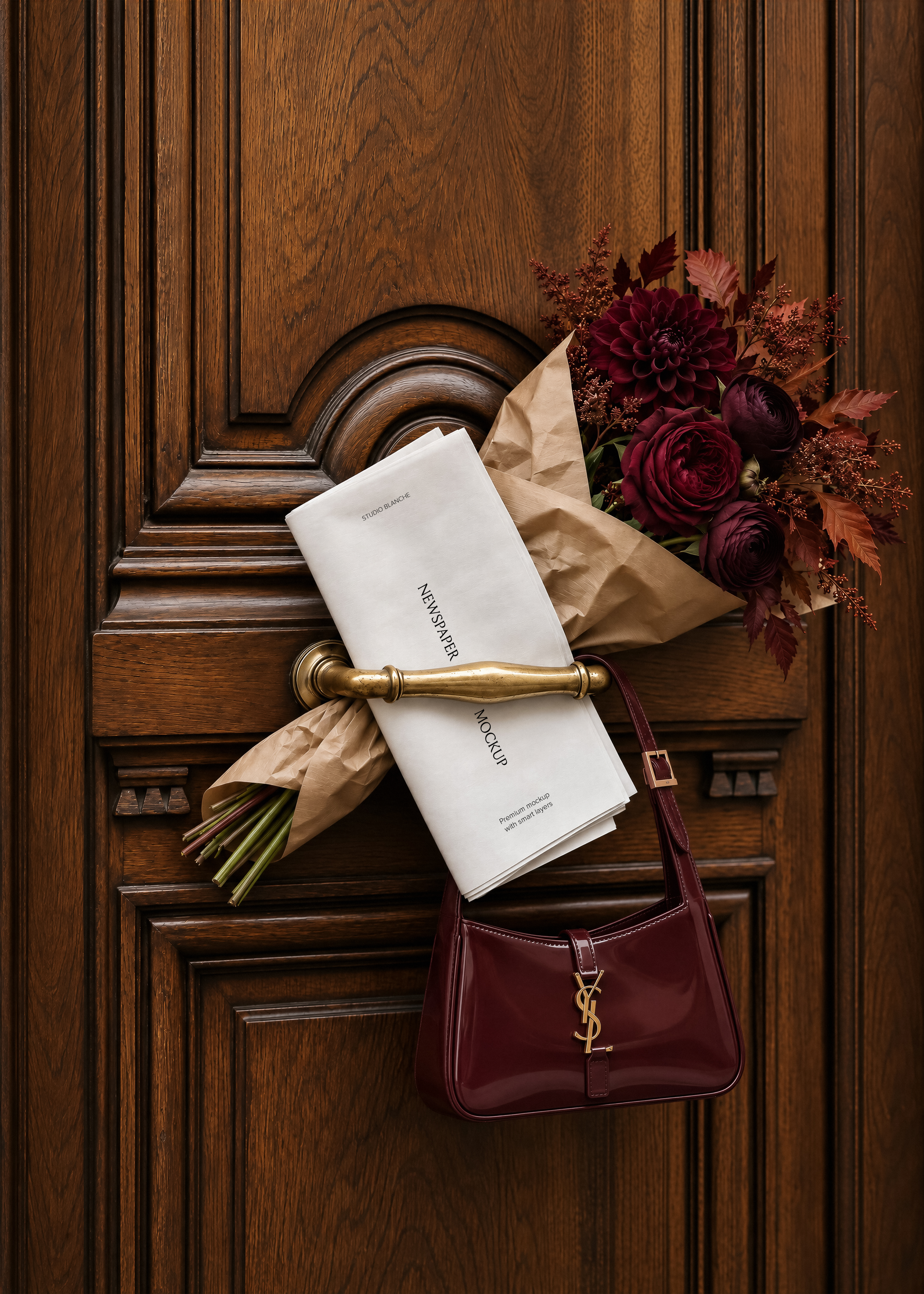 Blank white newspaper mockup beside kraft paper wrapped dahlias and roses, burgundy leather bag on dark wood panel door