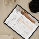 Notion brand identity client portal dashboard on an iPad, showing project progress, overview, menu and weekly tasks, styled with coral and a gold shell on linen.