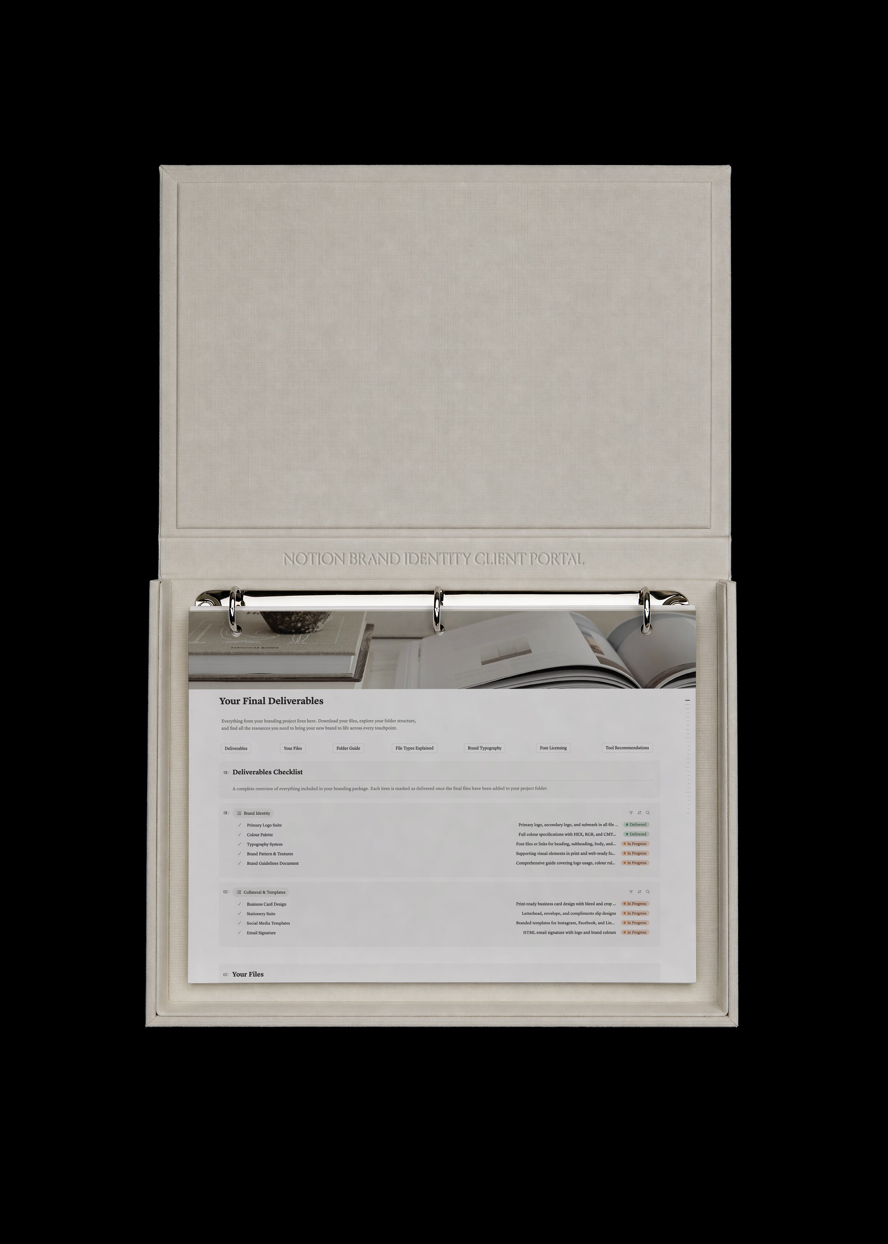 Notion client portal Final Deliverables page in a linen binder, showing a brand identity deliverables checklist with delivered and in progress statuses.