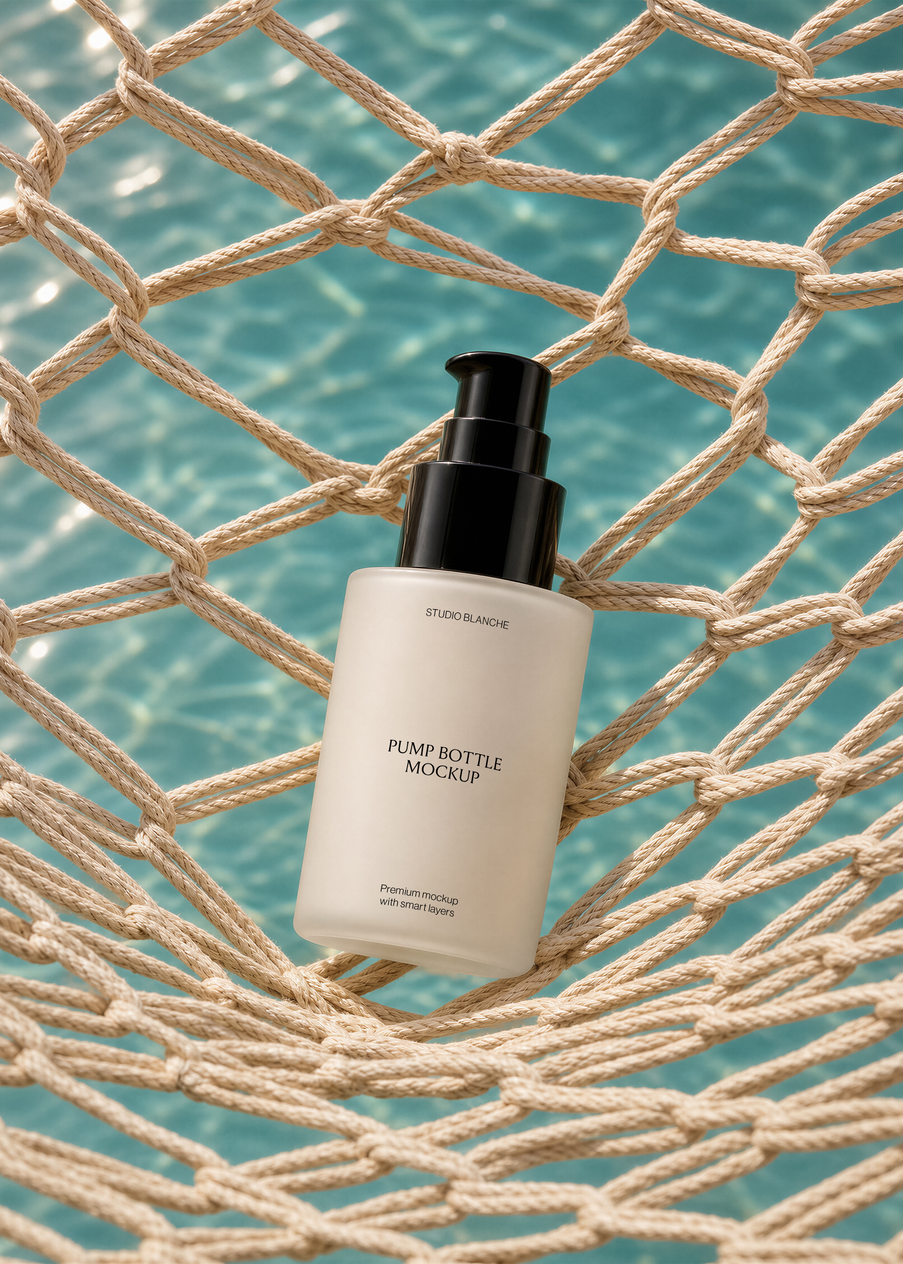 Close view of a frosted pump bottle label held in a knotted rope net above rippling blue pool water, poolside scene
