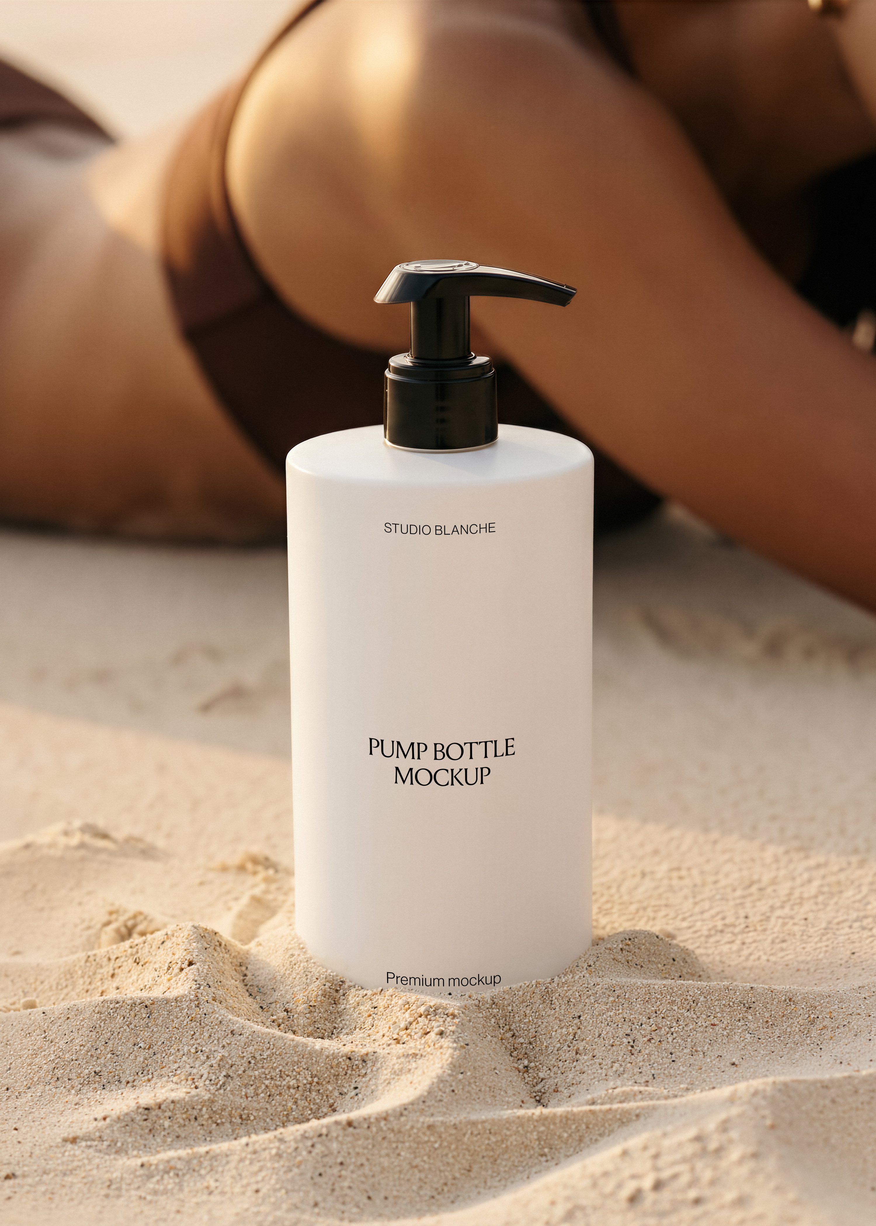 Close-up of white pump bottle mockup with black pump nozzle in beach sand, blank label space, soft warm coastal lighting