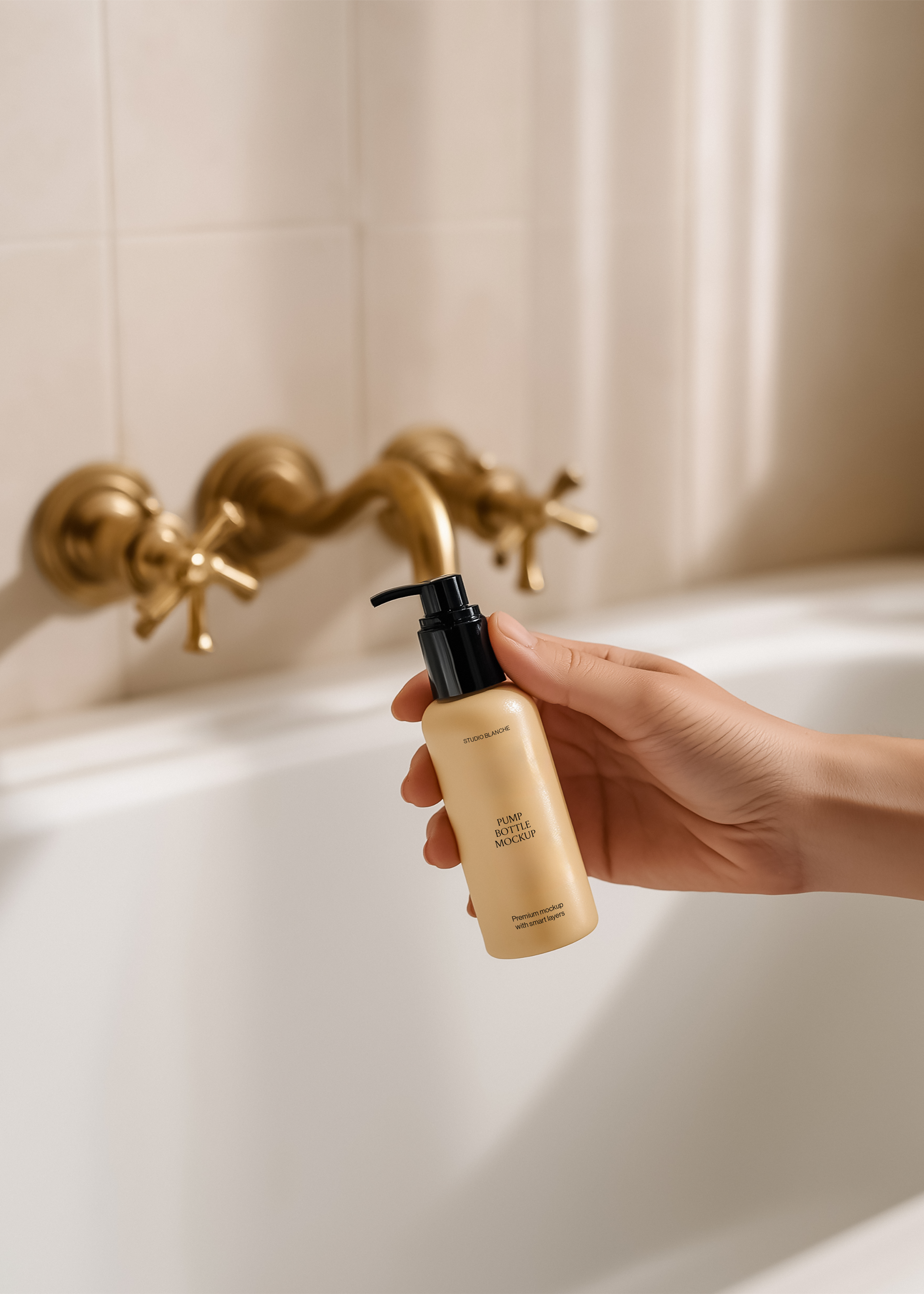 Beige pump bottle mockup with glossy black dispenser held above a white bath, blurred brass taps in a warm bathroom