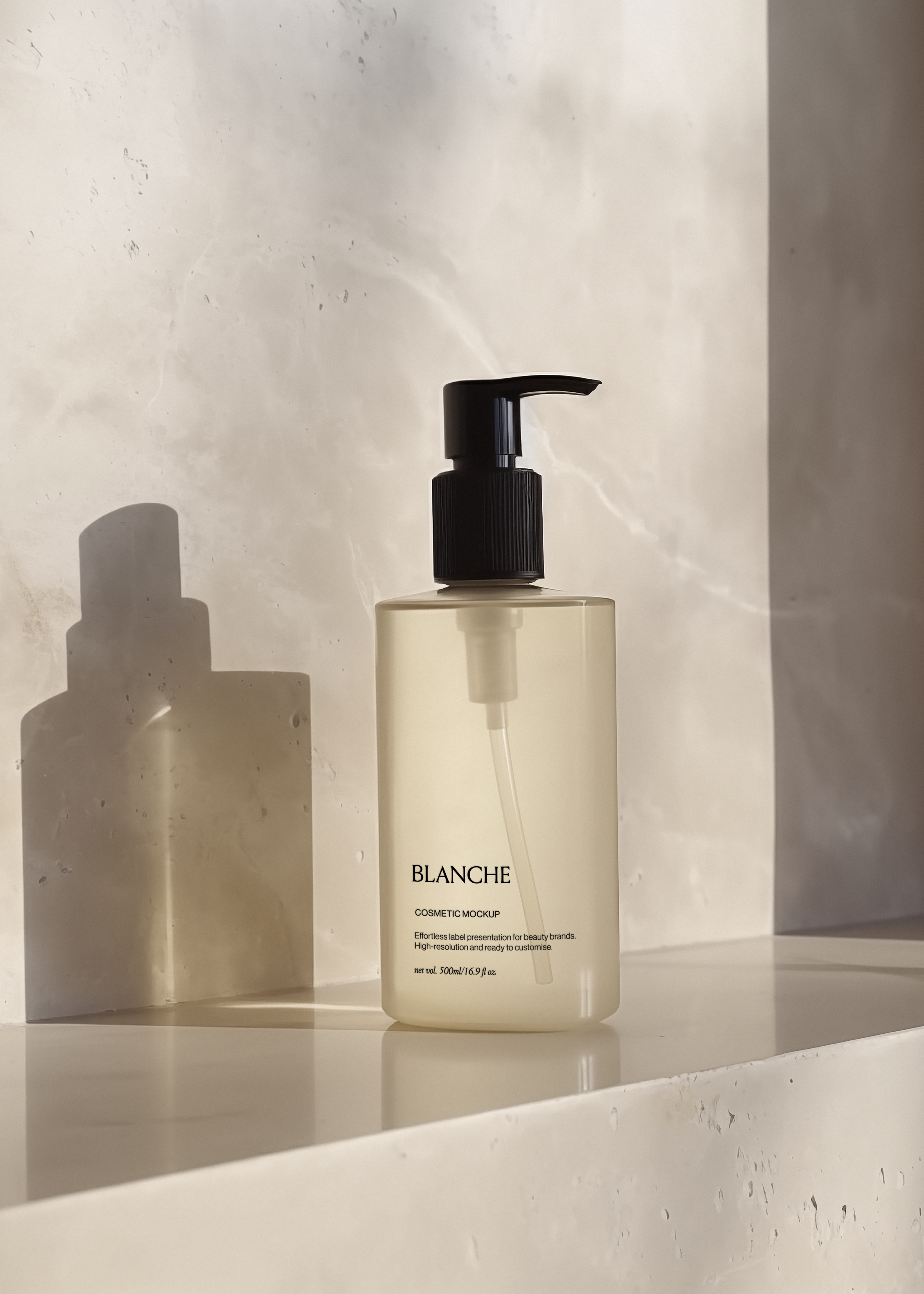 Cream cosmetic pump bottle mockup with black dispenser on stone ledge in warm sunlight, editorial shadow play