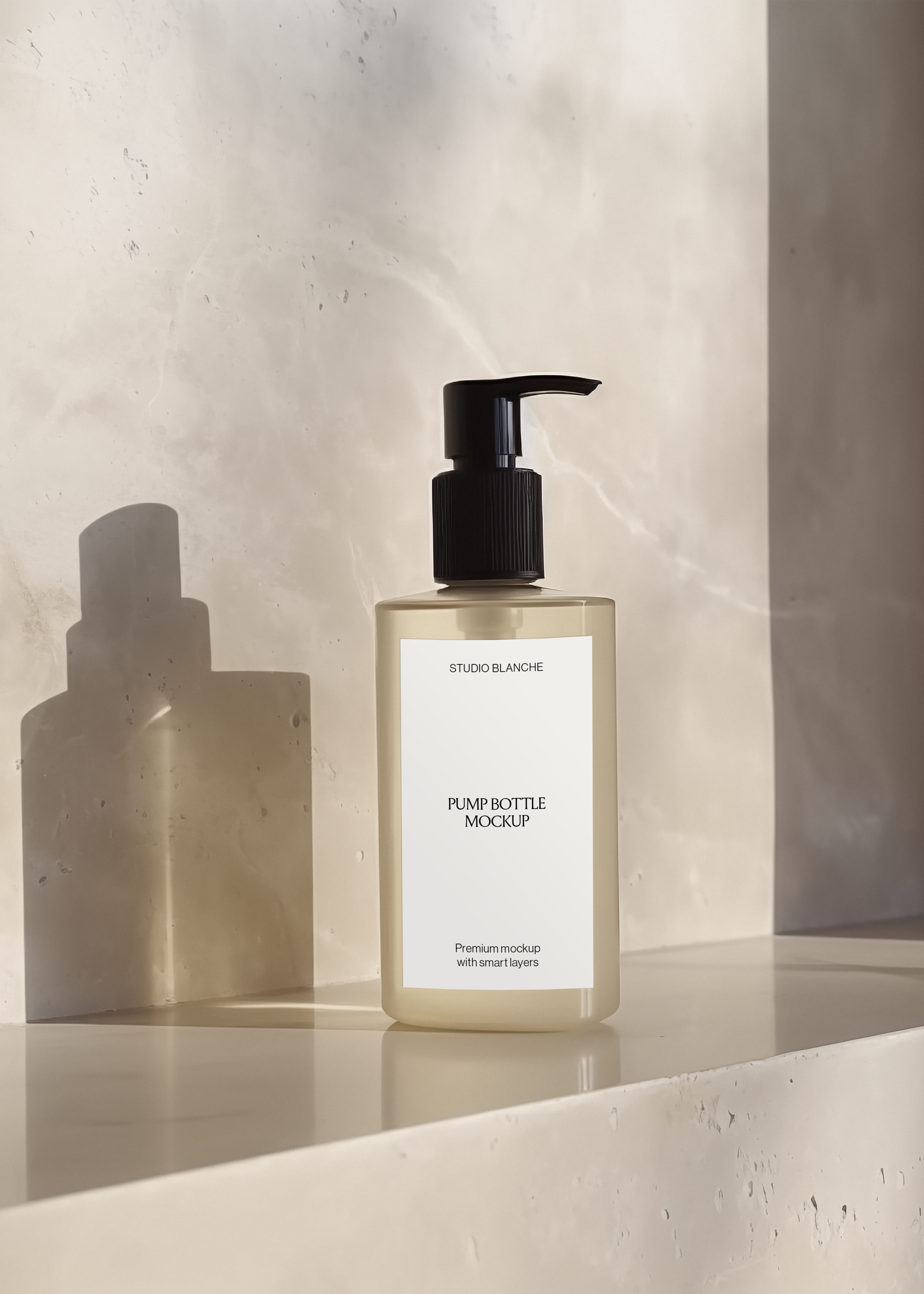 Frosted pump bottle mockup on polished stone surface beside sculptural shadow against warm plaster wall, minimal scene