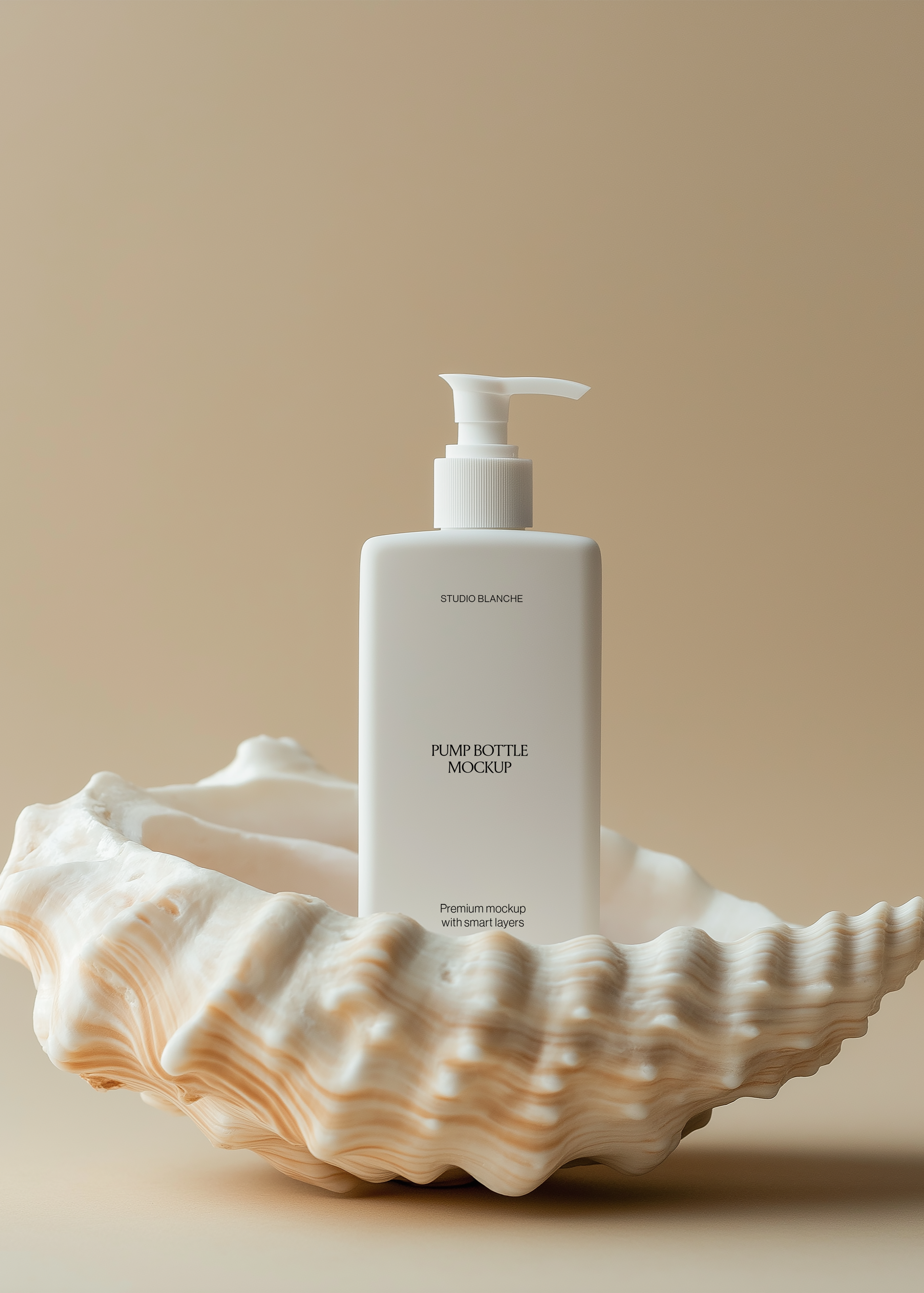 White pump bottle mockup with matching dispenser beside spiralled seashell, warm minimal coastal studio scene