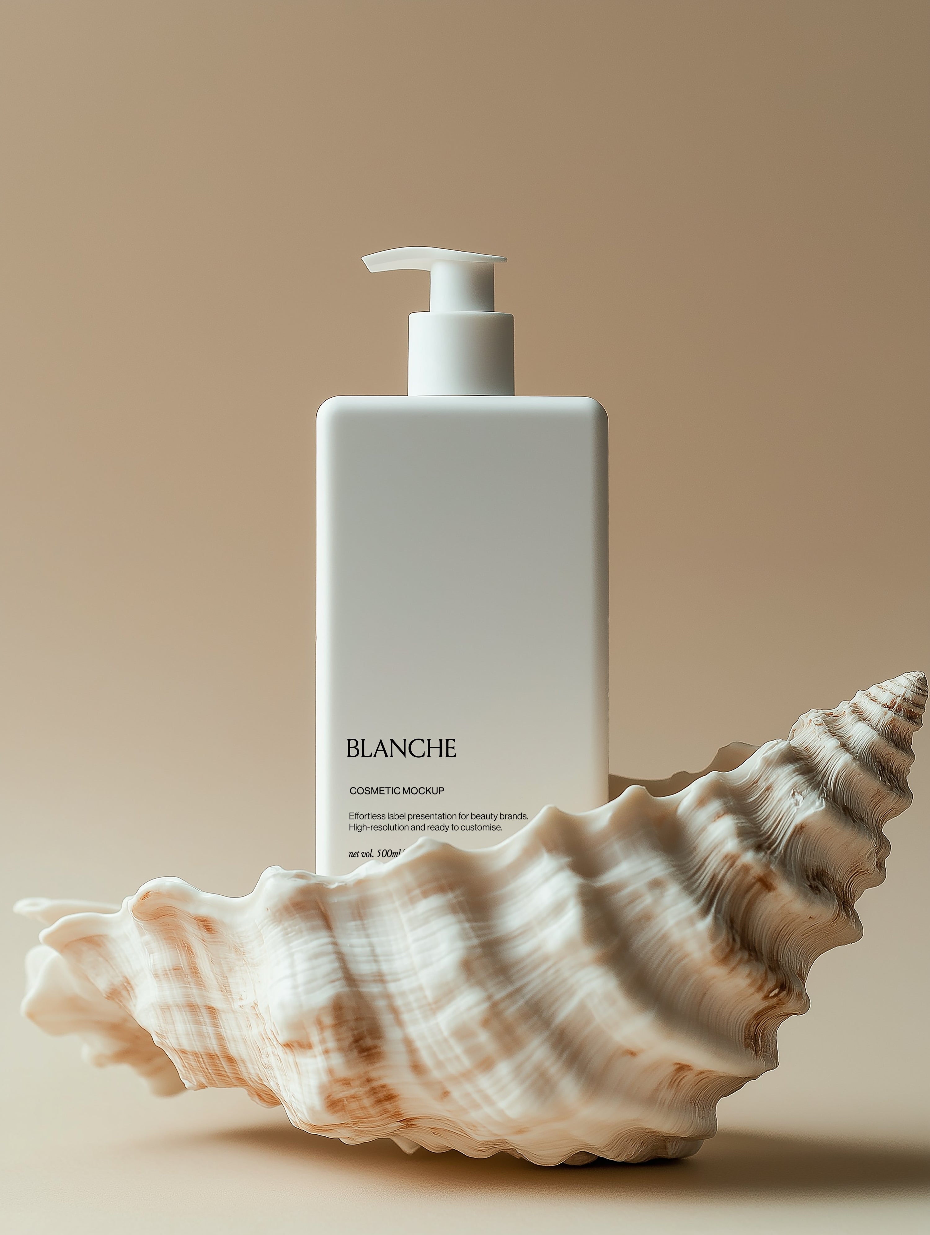 White matte cosmetic pump bottle mockup sitting inside large open clam shell on warm beige coastal backdrop