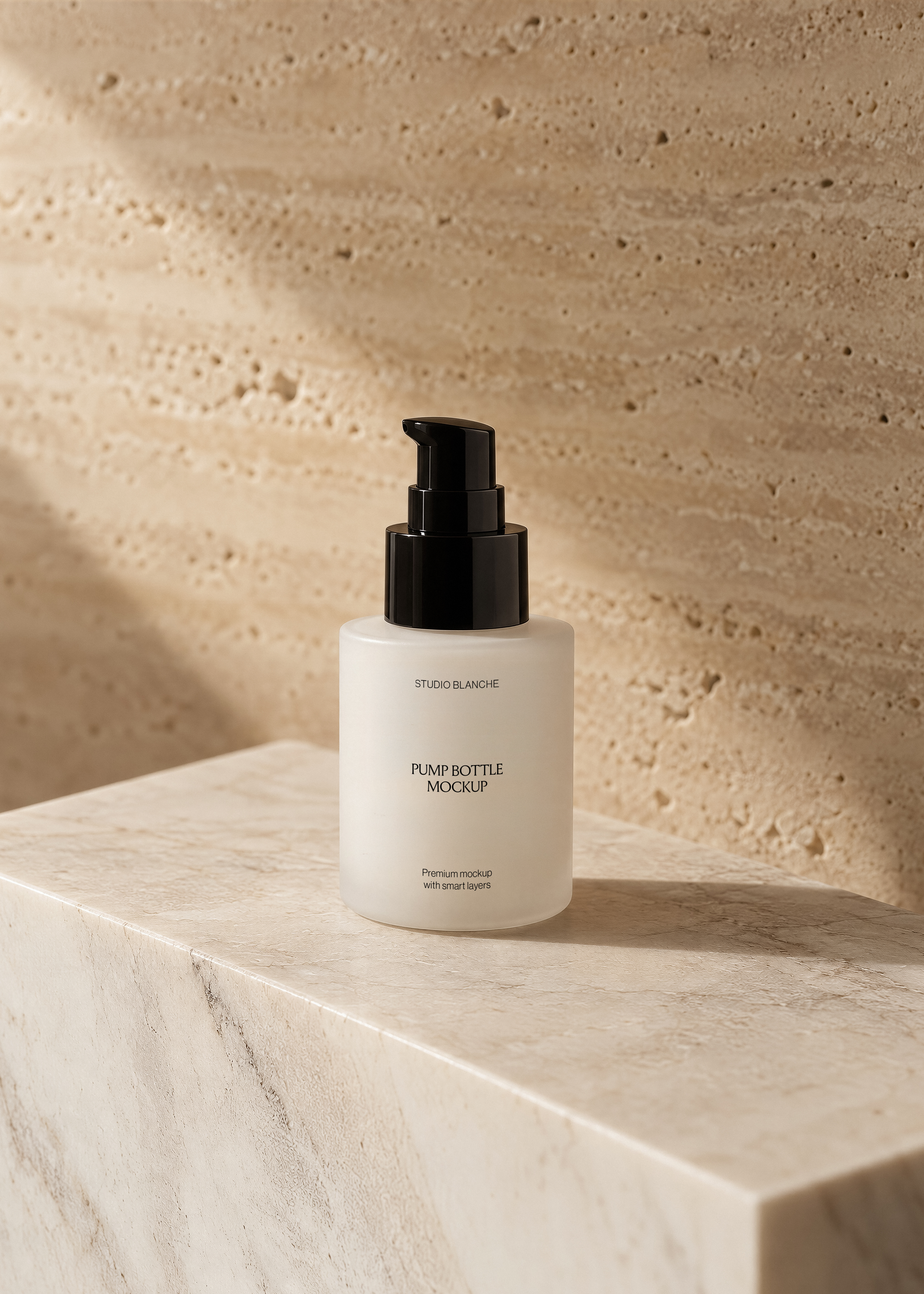 Cosmetic pump bottle mockup in frosted glass with black cap on a sunlit travertine block, textured beige stone backdrop