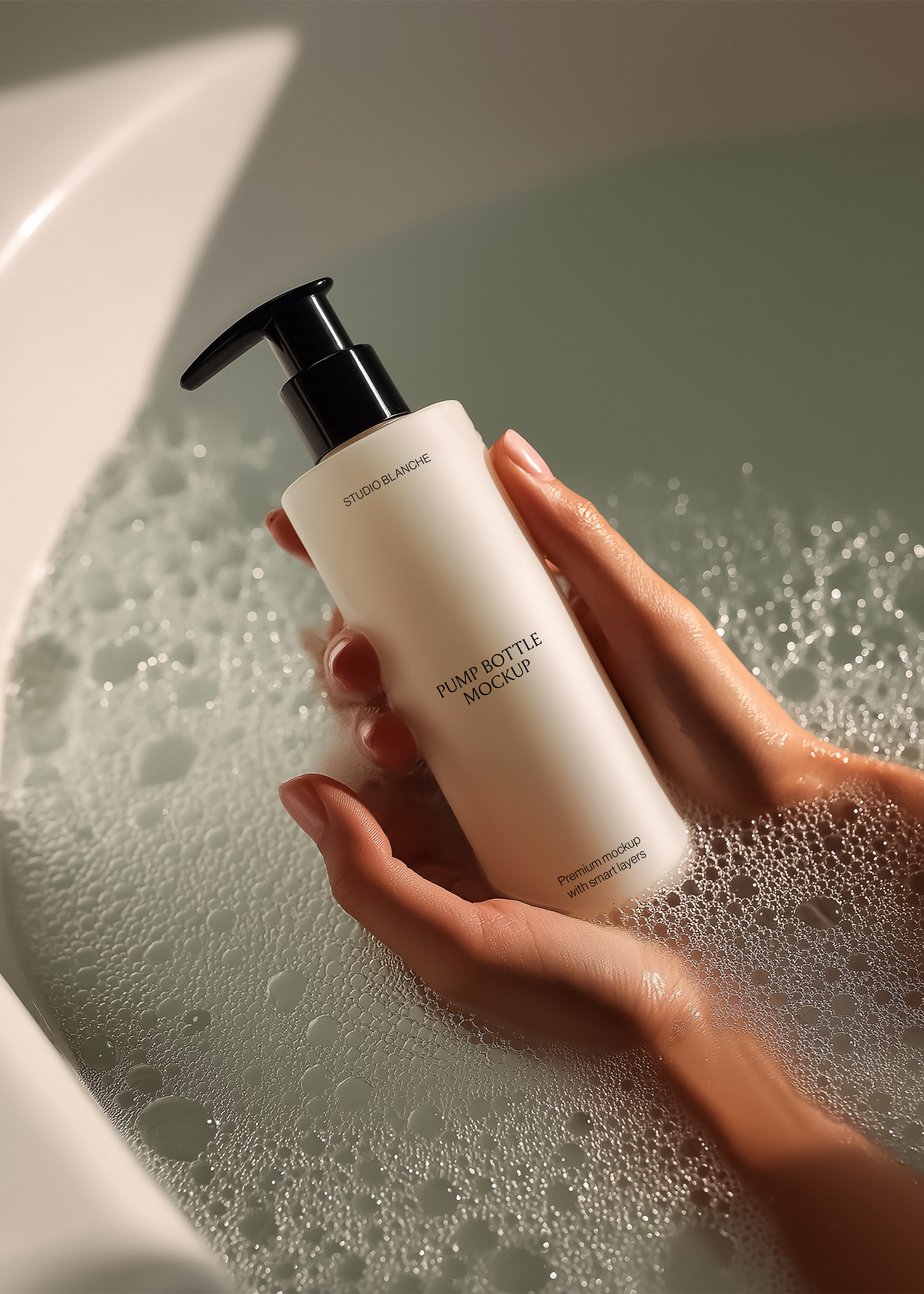Matte white pump bottle mockup held above sage-toned bath foam, warm directional light and minimal editorial mood