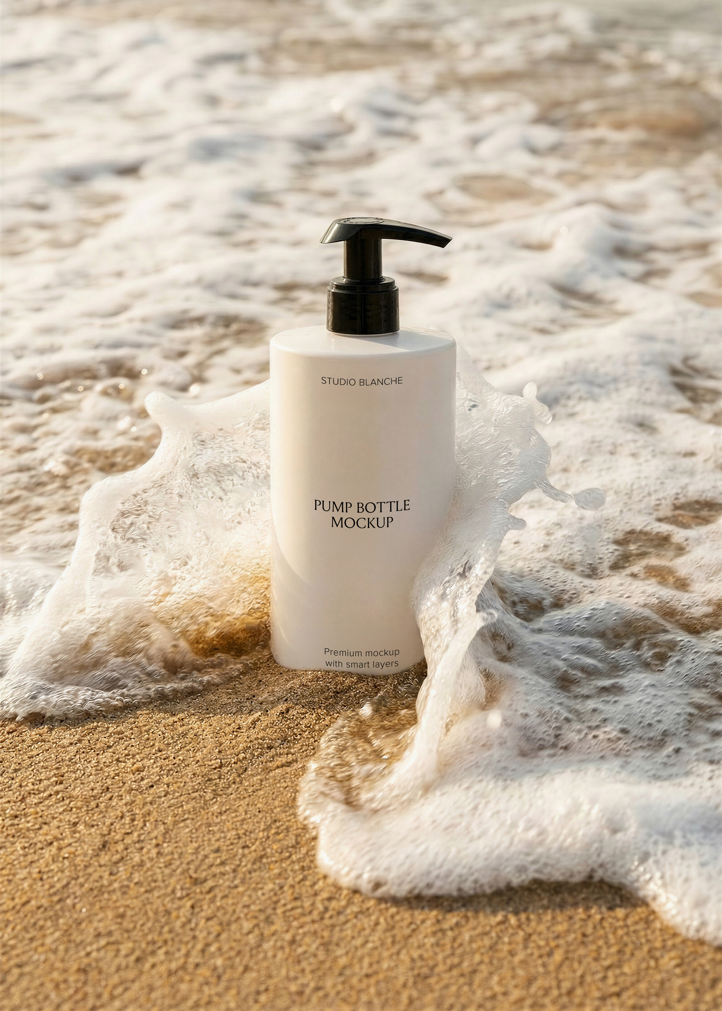 Blank white pump bottle with black dispenser standing in shallow foamy ocean waves on a sun-lit sandy beach, from Studio Blanche